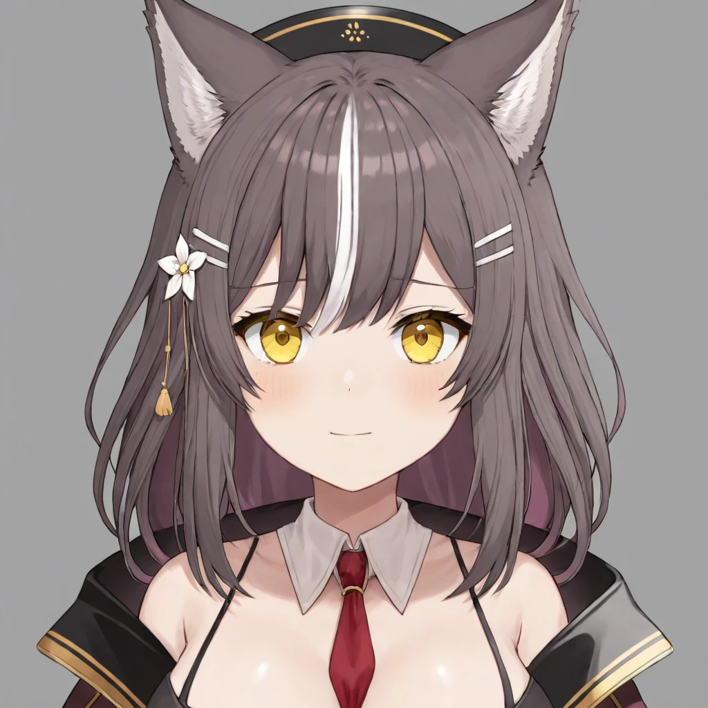 airi, large breasts, brown hair, streaked hair, wolf girl, wolf ears, yellow eyes, solo, anime drawing, virtual youtuber, oval eyes, 
basic background, portait, looking at viewer, straight-on, close up, smile, closed mouth,
 <lora:AIRI-XL-t2-000003:0.6>