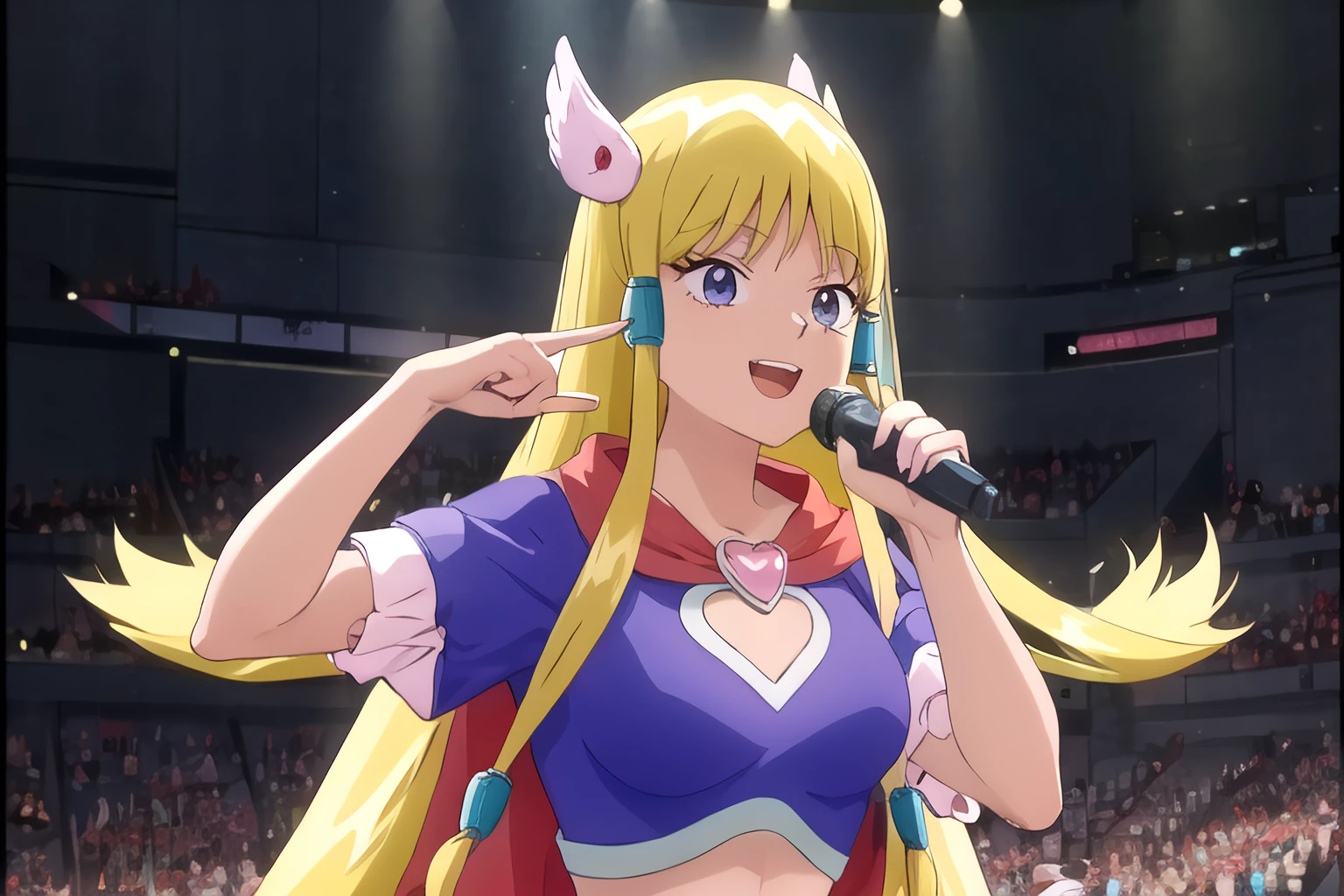 ((best quality)),((highly detailed)),masterpiece,absurdres:1.1),
anime screencap, anime coloring,  solo,  denbo,  magical girl
1girl, solo,  high quality, magical girl, blonde hair, red cape, blue tube top,  hair accessories, blonde hair, blue eyes, headshot, upper body, posing, singing into microphone, winking, smiling,
 masterpiece, best quality, pretty, cute, detailed, jpop concert performance, concert stage, curtains, stage lights, sparkles