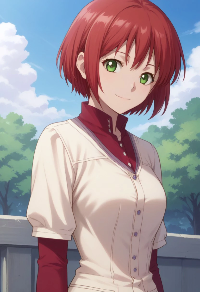 score_9, score_8_up, score_7_up, source_anime, highly detailed, 
shirayuki, 1girl, solo, red hair, green eyes, short hair, smile, dress, white dress, shirt, red shirt, looking at viewer, upper body,
outdoor, sky, clouds, tree,