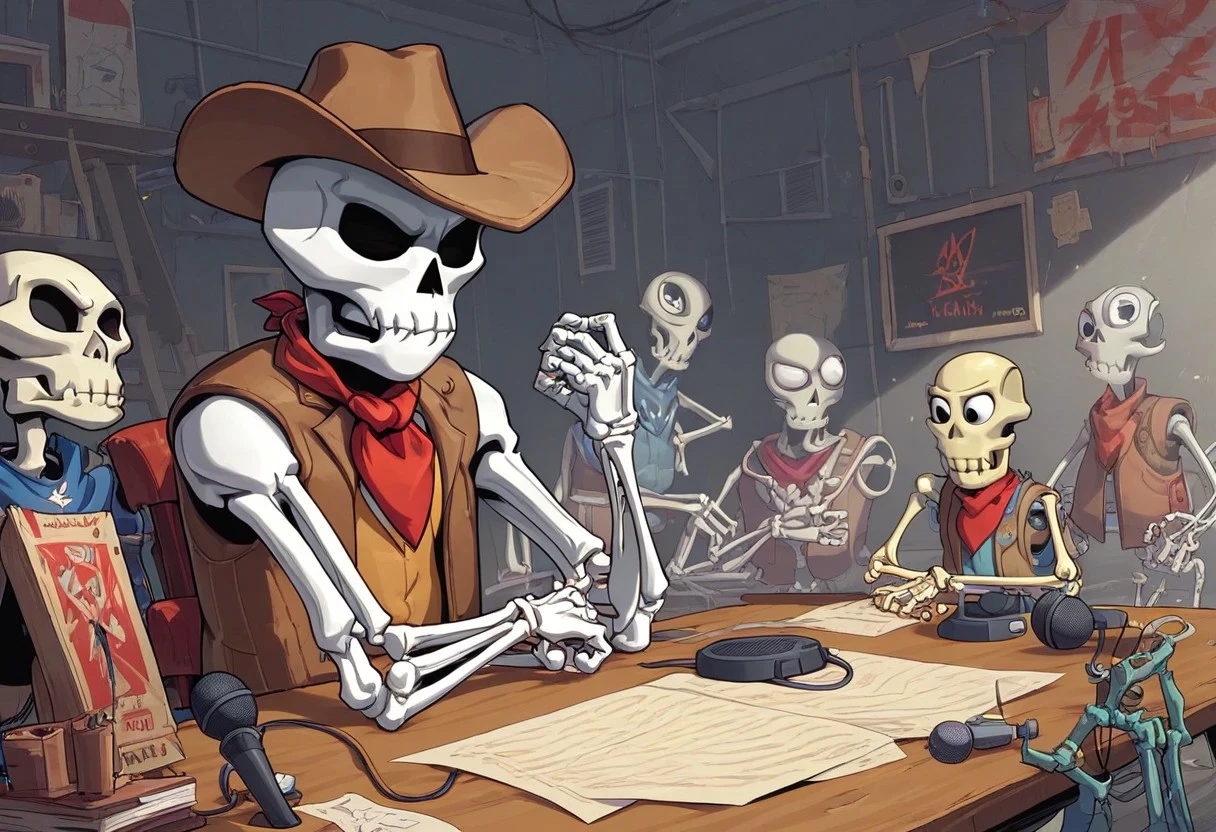 score_9, score_8_up, ghost_tcr, skull, cowboy hat, neckerchief, skeleton, vest, sitting, desk, microphone, radio studio, bored, annoyed, holding own head, neon sign reads "ON AIR"