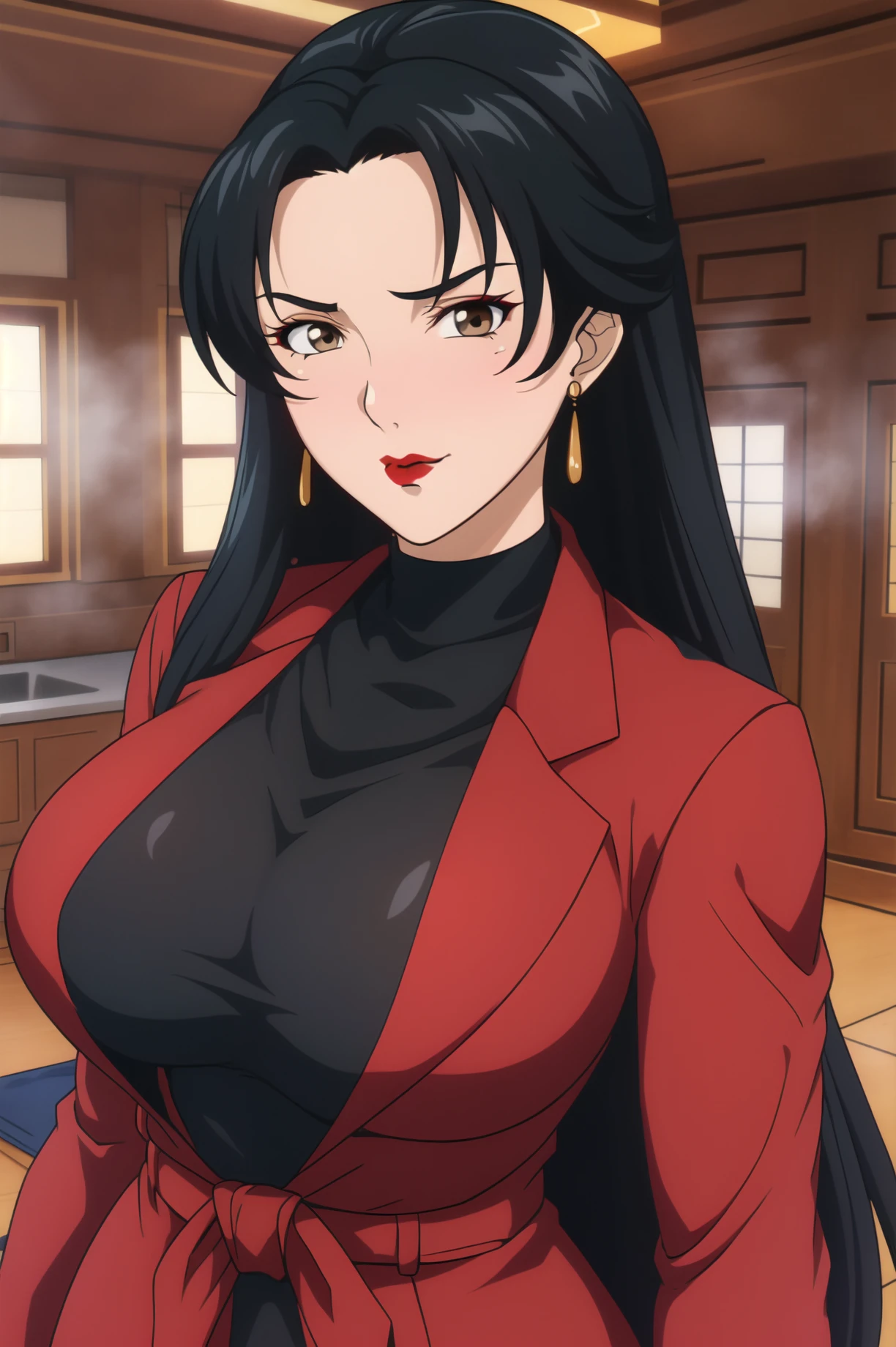 kitchen, 
dynamic pose,standing at attention,
Red jacket, Black shirt, turtleneck, long sleeves, formal,
<lora:Cherin_ChukaIchiban-KK77-V1:0.7>,Cherin_ChukaIchiban,earrings, jewelry,
black eyes, black hair,bangs,Long hair,Makeup, red lipstick, 
<lora:more_details:0.1>,<lora:NovelAI_YesMix5_KKStyle-KK77-Yes5-V1:0.3>,<lora:Oda_Non_Style2-KK77-Yes5-V1:0.3>,
1 girl, 20yo,Young female,Beautiful long legs,Beautiful body,
Beautiful Nose,Beautiful character design, perfect eyes, perfect face,expressive eyes,perfect balance,
looking at viewer,(Focus on her face),closed mouth, (innocent_big_eyes:1.0),(Light_Smile:0.3),
official art,extremely detailed CG unity 8k wallpaper, perfect lighting,Colorful, Bright_Front_face_Lighting,White skin,
(masterpiece:1.0),(best_quality:1.0), ultra high res,4K,ultra-detailed,
photography, 8K, HDR, highres, absurdres:1.2, Kodak portra 400, film grain, blurry background, bokeh:1.2, lens flare, (vibrant_color:1.2),professional photograph,
(Beautiful,large_Breasts:1.4), (beautiful_face:1.5),(narrow_waist),