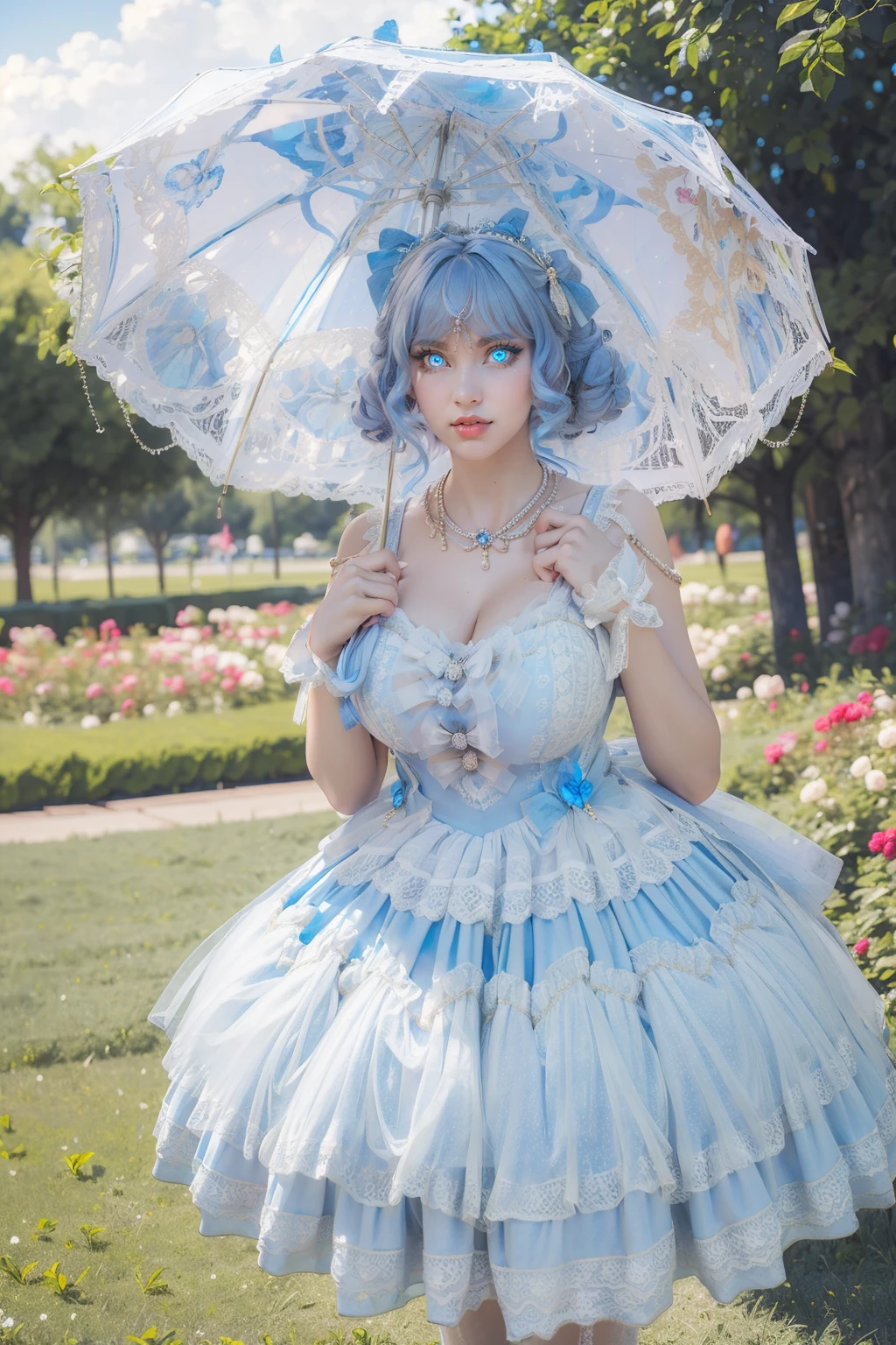 (masterpiece, best quality:1.2),illustration,8k,hd,1 girl,depth of field,bswq,dress,white dress,blue dress,umbrella,jewelry,necklace,pantyhose,bow,lace,lace trim,lace-trimmed dress,sleeveless dress,((cleavage)),big breasts,(outdoors:1.3),(glowing blue eyes:1.3),