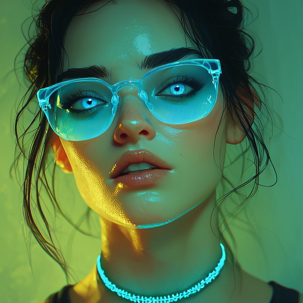 score_9, score_8_up, score_7_up, FFGA, Glowing choker, glowing glasses, blue glow, black hair, blue eyes, calm but angry, 