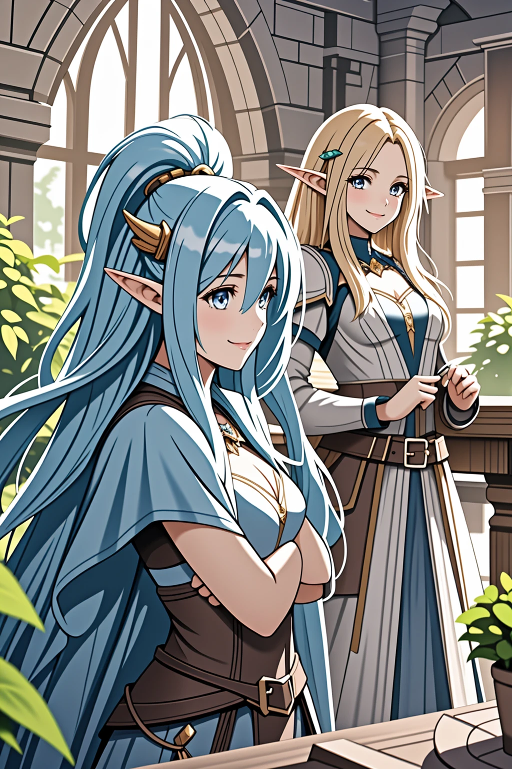 official art, fantasy, 2girls talking  ,elf,  adventurer's guild counter, smile <lora:LCM_LoRA_Weights_SD15:1>