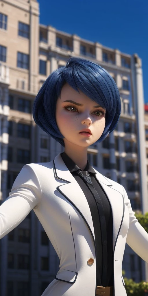 Hyperrealistic, photorealistic, super detailed, white long-sleeved blazer that has black outlines around the collar, expressive sharp slanted moderate vermilion eyes, thick straight black hair with blue reflections bangs swept to the left in a face-framing bob that levels with her chin with dark blue tints, lighter dusting of light-brown freckles, body like in real life, large pores, fair skin, slender, beautiful arms, (very little very flat breasts), unreal engine, octane render, droped shadow, bokeh, cinematic lighting, <lora:add_detail:0.5>, <lora:Volumetric_lighting:0.6>, Kagami Tsurugi,, <lora:dc2cca4f-0ca7-4e9e-8f19-795820b7cd3f:0.7>