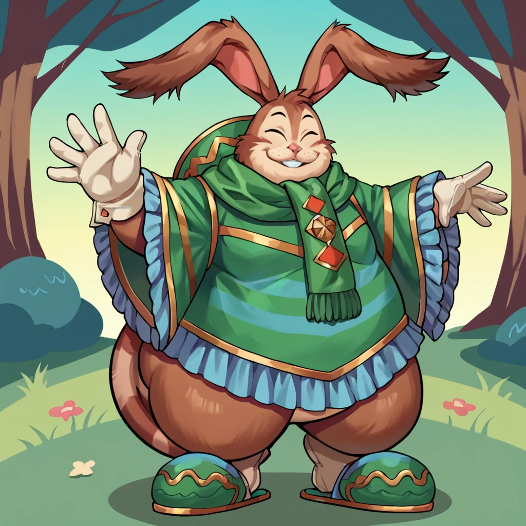 score_9, score_8_up, score_7_up, score_6_up, score_5_up, score_4_up, source_cartoon, niccolo, brown fur, bunny, furry, fat, obese, green clothes, slippers, scarf, eyes closed, looking at viewer, smiling, standing up, waving, forest background, <lora:NiccoloWanderer_Legends_of_Mana_PonyXL:1> niccolo, wanderer