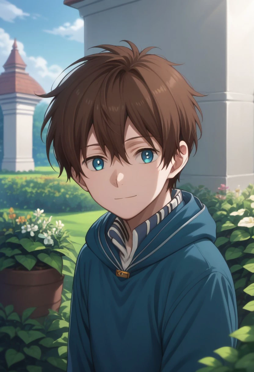 score_9, score_8_up, score_7_up, source_anime, highly detailed, 
ryuu, 1boy, solo, male focus, brown hair, blue eyes, long sleeves, hood, hoodie, blue hoodie, upper body, light smile,
outdoor, garden, sky, cloud,