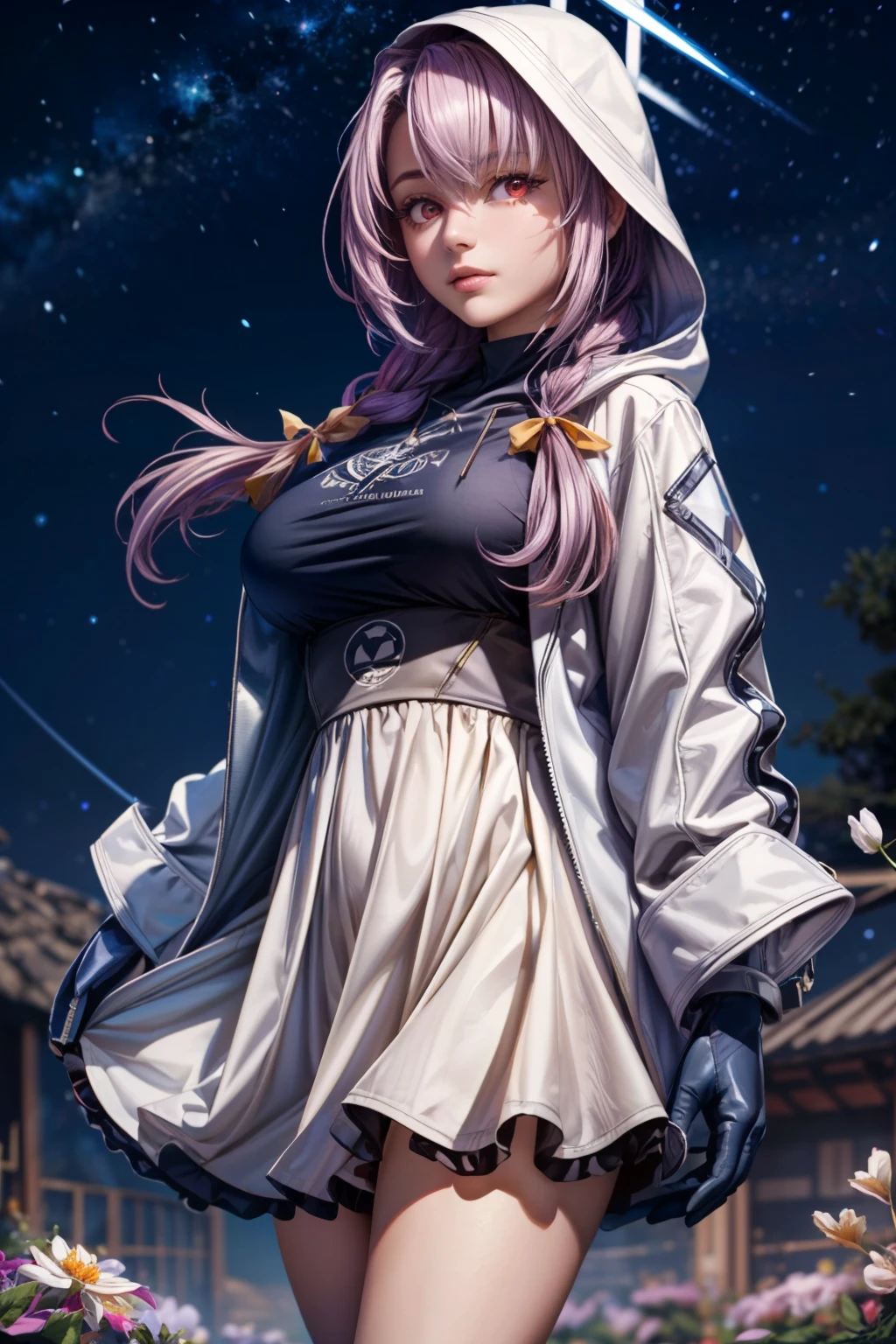 (ultra realistic,32k, masterpiece:1.2),(high detailed skin:1.1),( high quality:1.1), <lora:IllyasvielVonEinzbern_v1:0.7>, zzIllya, looking at viewer, night, outdoors, sky, BREAK,   <lora:Atsuko_BlueArchive_Citron:0.7>, zzAtsuko, red eyes, purple hair, long hair, twin braids, halo white dress, white jacket, black gloves, hooded jacket,   BREAK,  blooming stars, luminescent petals, otherworldly fragrance blurry background, (looking at viewer, standing:1.1), huge breast, large breast, <lora:add_detail:0.92>, (glowwave:1.1),