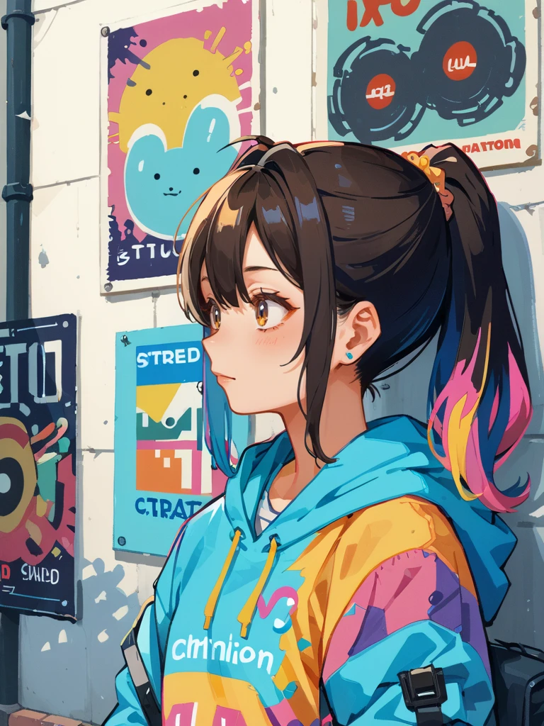 score_9,score_8_up,score_7_up,source_anime,rating_questionable,1girl,<lora:wall_posters:1>,poster \(object\),upper body,looking away,standing,street,hoodie,colorful clothes,vivid colors,