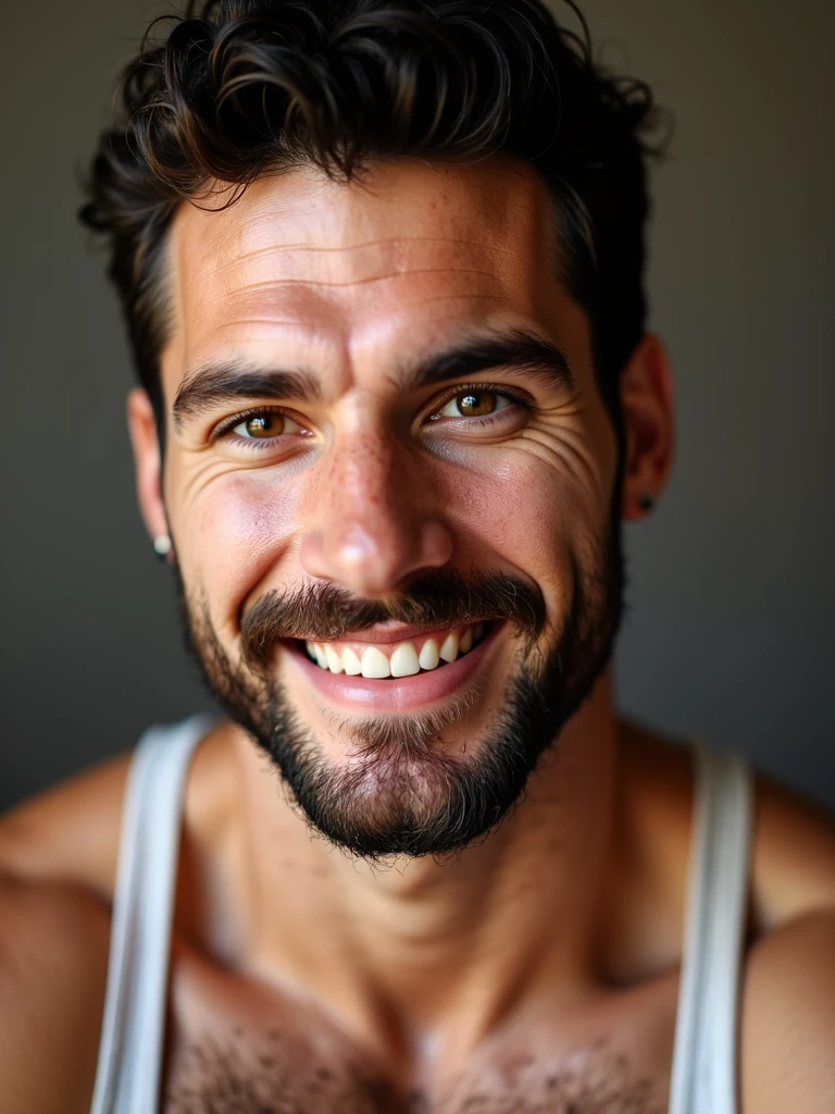 portrait of a man, Fuat, brown eyes, smiling, tank-top