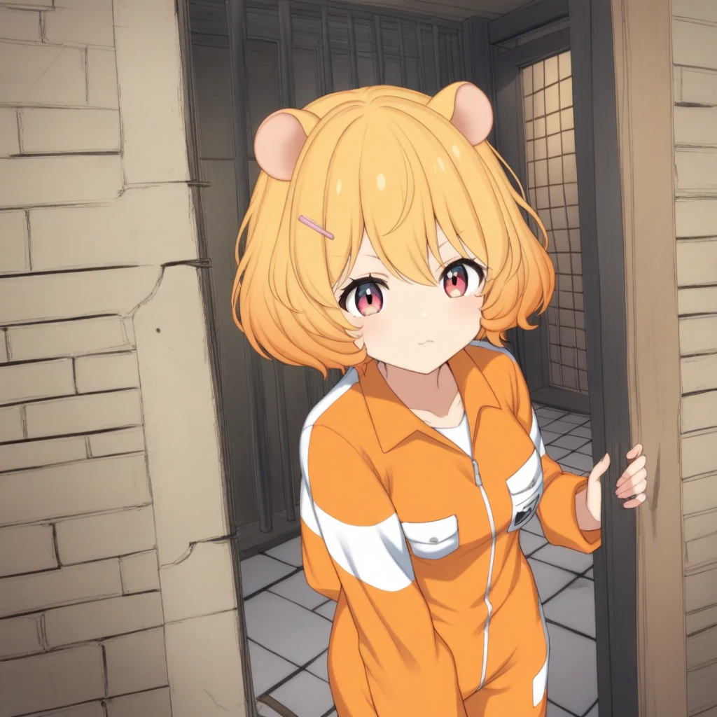 eimi, small hamster ears, short orange curly hair, faded fushia gradient eyes, virtual youtuber, anime drawing, hair ornaments, solo, 
jail cell, prison jumpsuit,  
<lora:EIMI-XLv2-t1-000002:0.6>