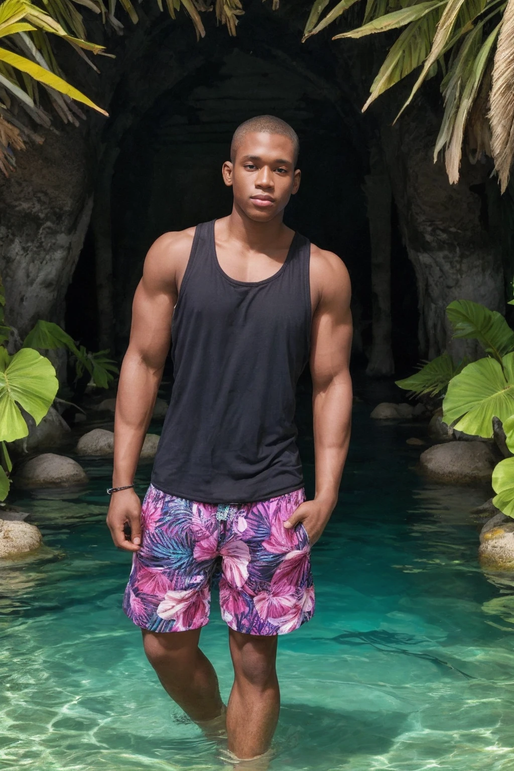 <lora:pierre_vuala_sd15_v1:0.8>, male pierrevualaperson, dark skin, buzzcut, wearing tank top shirt and swimming trunks, standing in water, tropical paradise, alcove, natural lighting