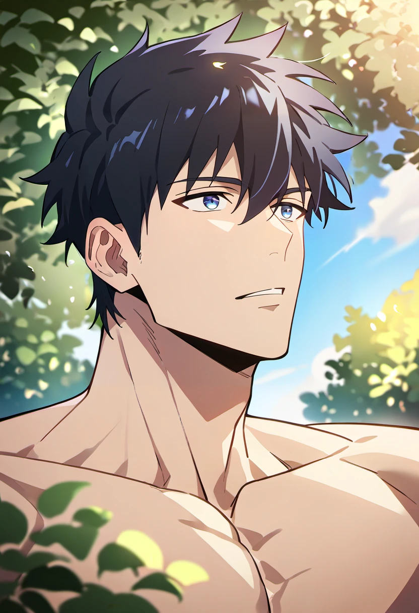 score_9, score_8_up, score_7_up, 1boy, male focus, source_anime, <lora:Sung_Jinwoo:1>, sungjinwoo, black hair, blue eyes, pectorals, topless male, outdoors, solo, best quality, amazing quality, best aesthetic, absurdres, year 2023   <lora:smoothanime:1>