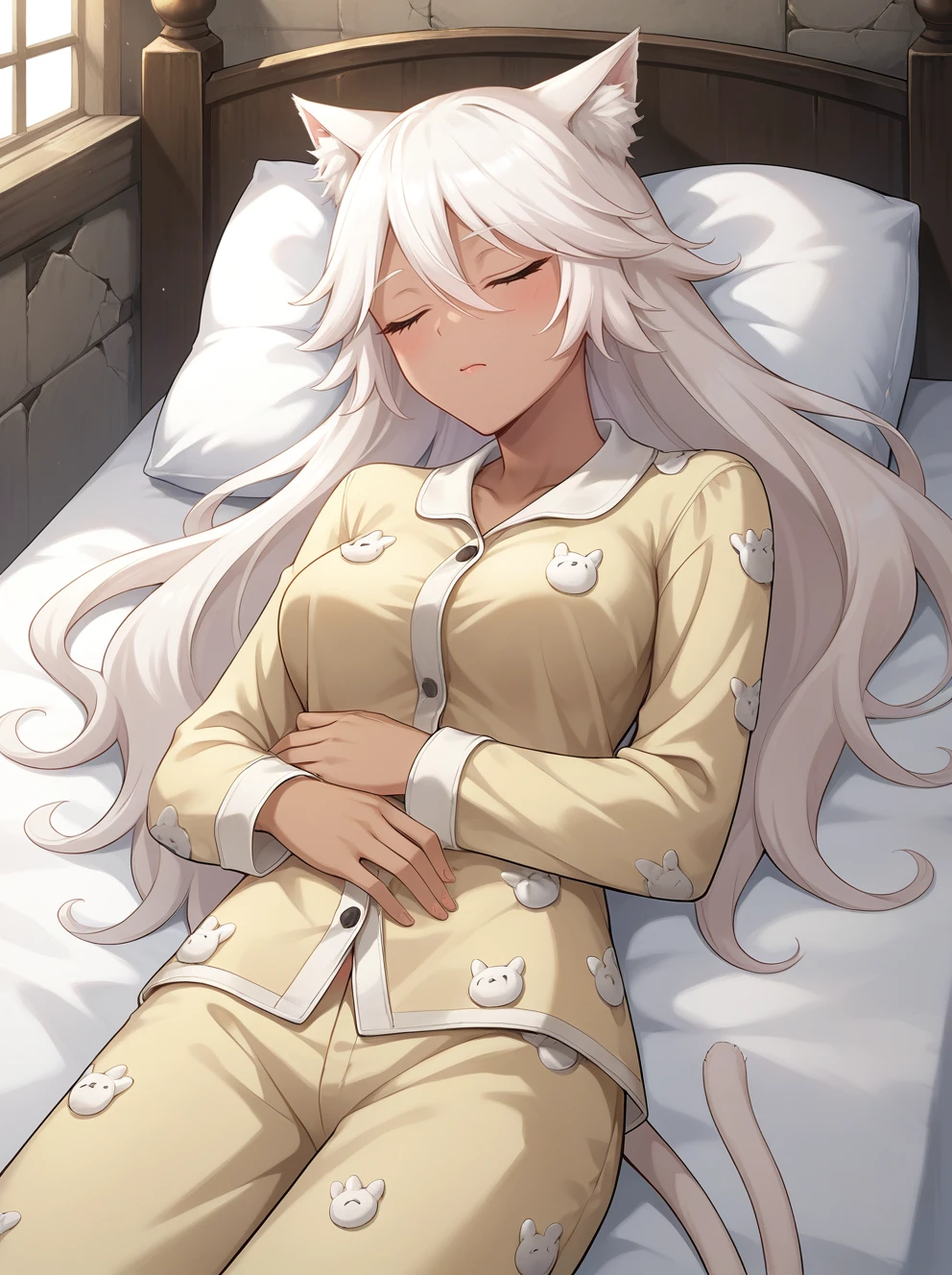 score_9, score_8, score_7_up, source_anime,
granart needakitta, animal ears, white hair, long hair,dark-skinned female, white cat tail, 1girl, solo, animal ears
medium breasts, 
bed, ancient, abandoned, sleeping, closed eyes, pajamas, 
  <lora:StS_PonyXL_Detail_Slider_v1.4_iteration_3:0.2> <lora:Expressive_H:0.1> <lora:housechores-guy-PONYv1:0.4> <lora:granart needakitta 0.1:0.65>