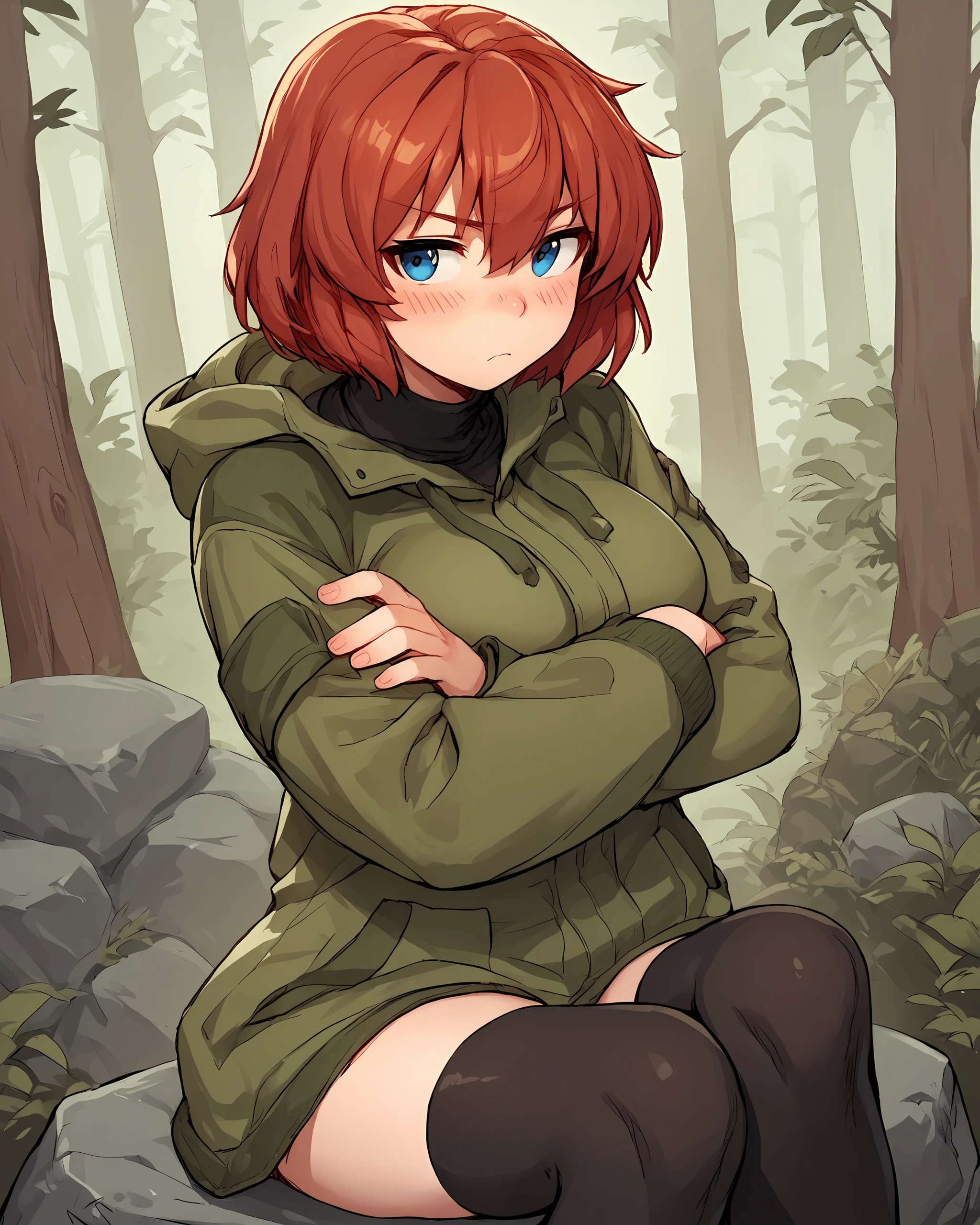 score_9, score_8_up, score_7_up, score_6_up, score_5_up, score_4_up, source_anime, BREAK, <lora:Ayesha_Drachev_v0.22:0.8> 1girl, solo, ayesha, red hair, short hair, blue eyes, large breasts, olive hoodie jacket, black turtleneck, closed jacket, black thighhighs, crossed arms, pouting, blushing, sitting on a rock, forest background,