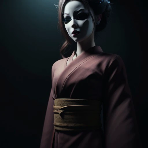 high res, good quality, accurate face, ((high resolution:1.2), (hi-res:1.2), masterpiece, best quality),  easynegative, ng_deepnegative_v1_75t, bad-picture-chill-75v, The Lady, video game character, Little Nightmares, Red kimono , solid porcelain white mask , Taller woman, in a dark room, black Mist, dark aura,