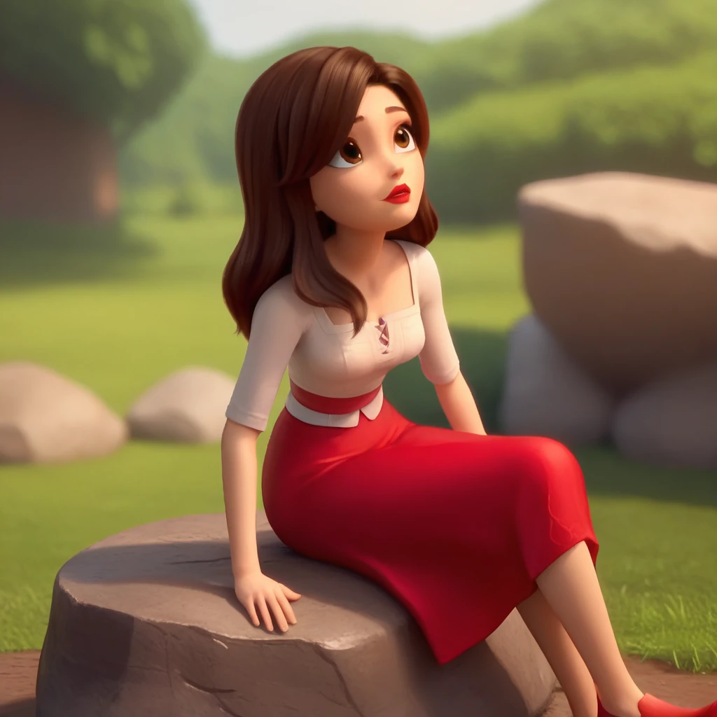 score_9_up, score_8_up, BREAK, snowwhite, 1girl, solo, brown hair, long hair, brown eyes, lipstick, white shirt, red skirt, red footwear, <lora:SnowWhite_RedShoes_PXL_Leaf1:1>, outdoors, depth of field, sitting on rock,