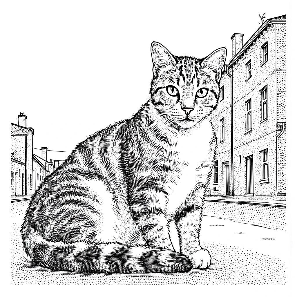 a black and white drawing of a cute cat in the street