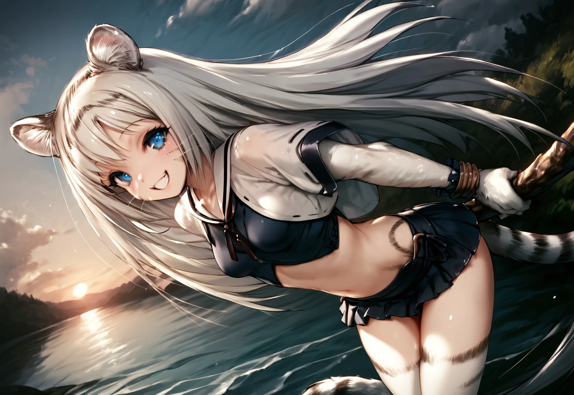 safe_pos, very detailed, hyper detailed, detailed clothes, high resolution illustration, score_9, score_8_up, score_7_up, 1girl, short girl, tail raised, furry female, tail, smile, long hair, only furry, furry girl, animal ears, seductive smile, blue eyes, thin, slim, small breasts, narrow waist, pelvic bone, lowleg skirt, short skirt, stands on the shore of the lake, detailed background, thighs, sexy, looking at viewer, joyful, light smile,