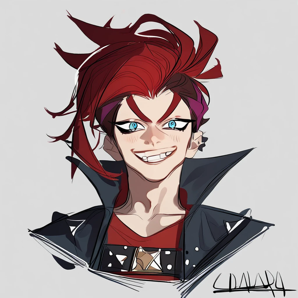 1boy, adult, handsome, semi-realistic,bel daizora, mohawk,two-tone hair, multicolored hair, red hair, brown hair, v-shaped eyebrows,blue eyes, punk, asymmetrical t-shirt, graphic t-shirt,belt, upper body,grin