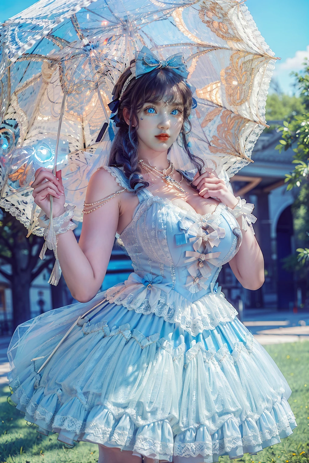 (masterpiece, best quality:1.2),illustration,8k,hd,1 girl,depth of field,bswq,dress,white dress,blue dress,umbrella,jewelry,necklace,pantyhose,bow,lace,lace trim,lace-trimmed dress,sleeveless dress,((cleavage)),big breasts,(outdoors:1.3),(glowing blue eyes:1.3),