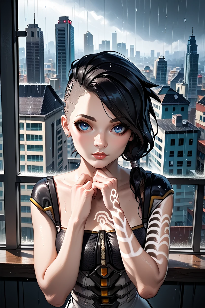 score_9, score_8_up, score_7_up, score_6_up
<lora:BLAngel:1.0>
BLAngel, 1girl, black hair, long hair, blue eyes, undercut, tattoo, looking at viewer, thoughtful gaze, standing by window, one hand on chin, modern apartment, cityscape, raining outside