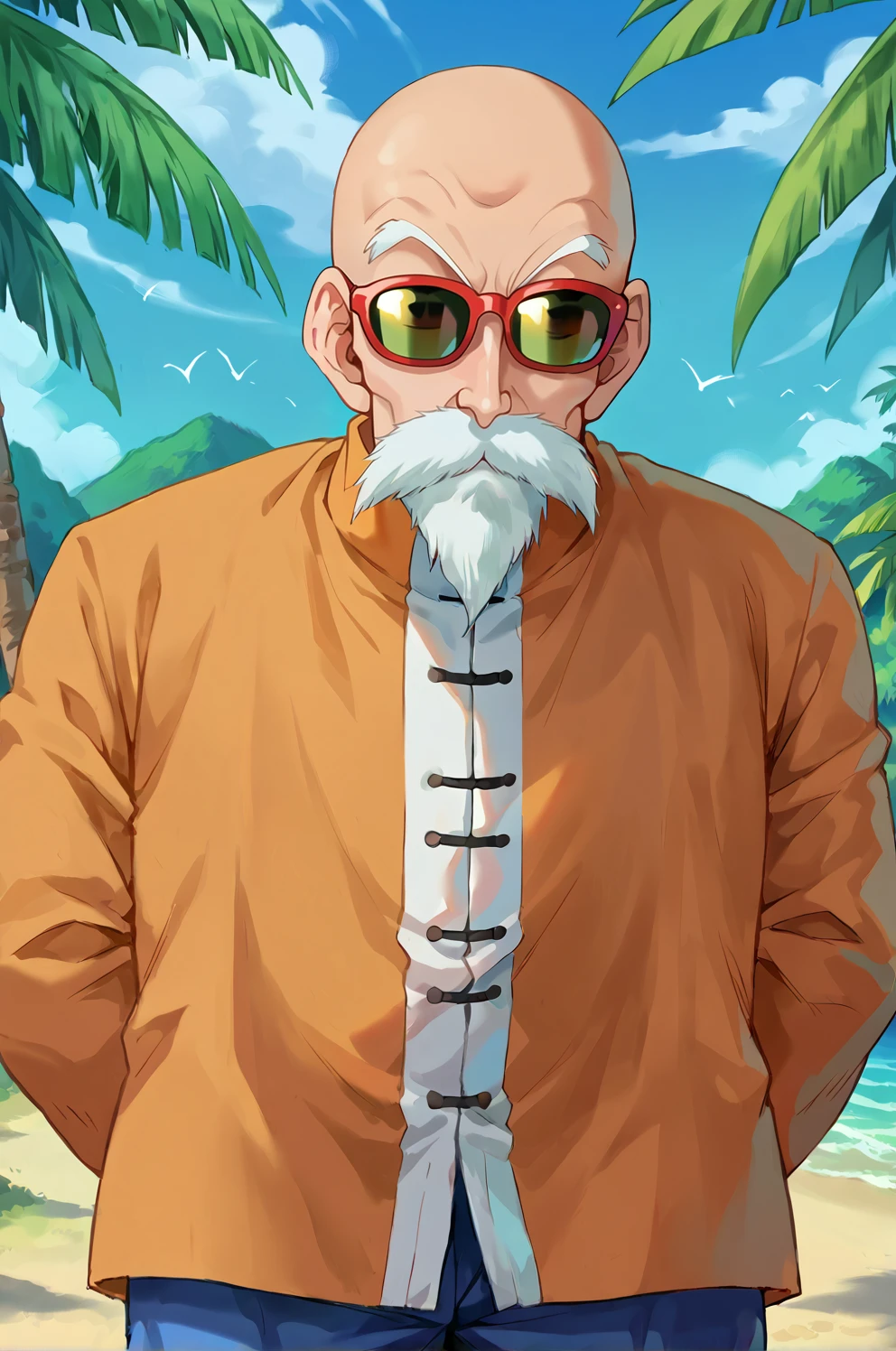 score_9,score_8_up, score_7_up, BREAK muten roushi, solo, male focus, 1boy, arms behind back, facial hair, bald, old man, sunglasses, beard, upper body, island, palm tree,ocean, standing, smile, smile, closed mouth, mustache,blue pants, chinese clothes, white hair, red-framed eyewear, orange jacket, green-tinted eyewear, long sleeves,facing viewer,    <lora:RoshiPony:1>