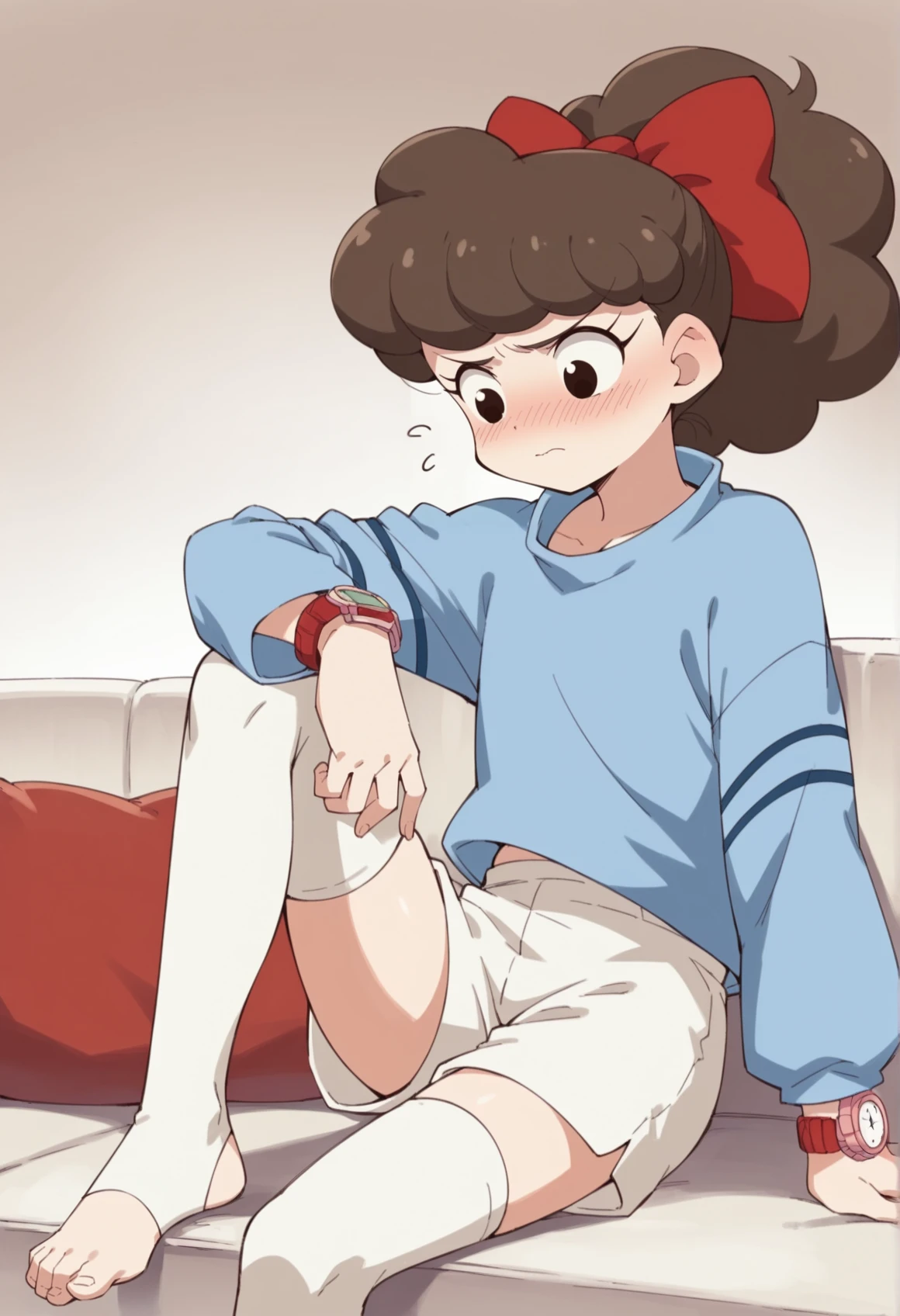 1girl, solo, long hair, brown hair, black eyes, curly hair, ribbon, blue shirt, long sleeves, wristwatch, shorts, thighhighs, ponytail, sitting, embarrassed, leg up, holding own leg, toeless legwear, looking to the side, couch, <lora:Suzie:1>, score_9, score_8_up, score_7_up, score_6_up, score_5_up, score_4_up, BREAK source_anime, masterpiece