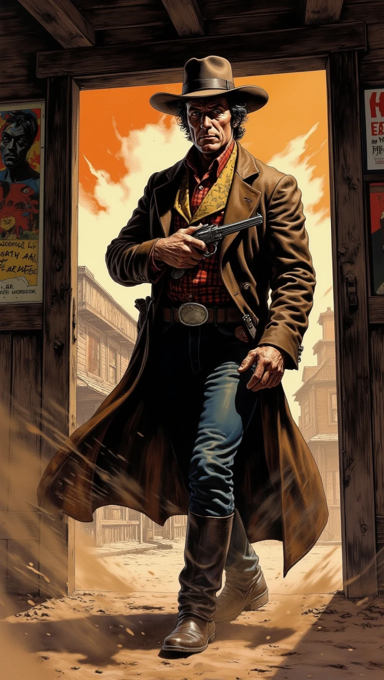 A lone gunman with a steely gaze stands in the doorway of a saloon, his hand hovering over his holstered revolver. Dust swirls around his boots as he prepares to face whatever comes next. His expression is cold, hardened by years of violence
<lora:Adventure_Comic_Book:0.8>