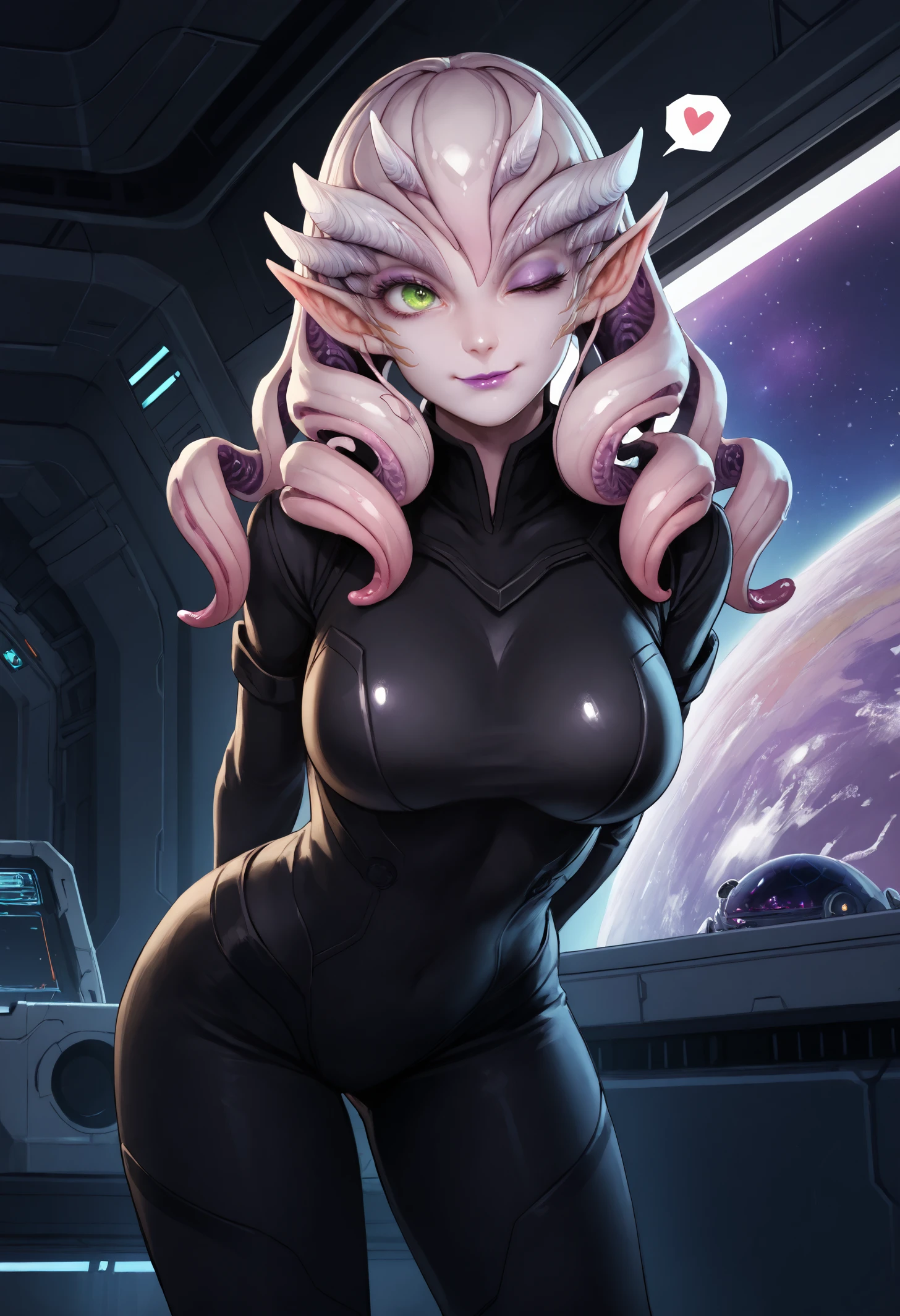 score_9, score_8_up, score_7_up, 1girl, celessub, alien, pink skin, green eyes, eyelashes, pointy ears, lipstick, makeup, eyeshadow, pink hair, tentacle hair, drill hair, long hair, large breasts,
black bodysuit, high collar, thighs, black sleeves, black pants, black gloves, 
smile, smirk, head tilt, arms behind back, leaning forward, one eye closed, spoken heart,
indoors, science fiction, purple theme, spacecraft, space,
<lora:Subverse-Celestina-PDXL_V1-Manityro-CAME:1.0>,