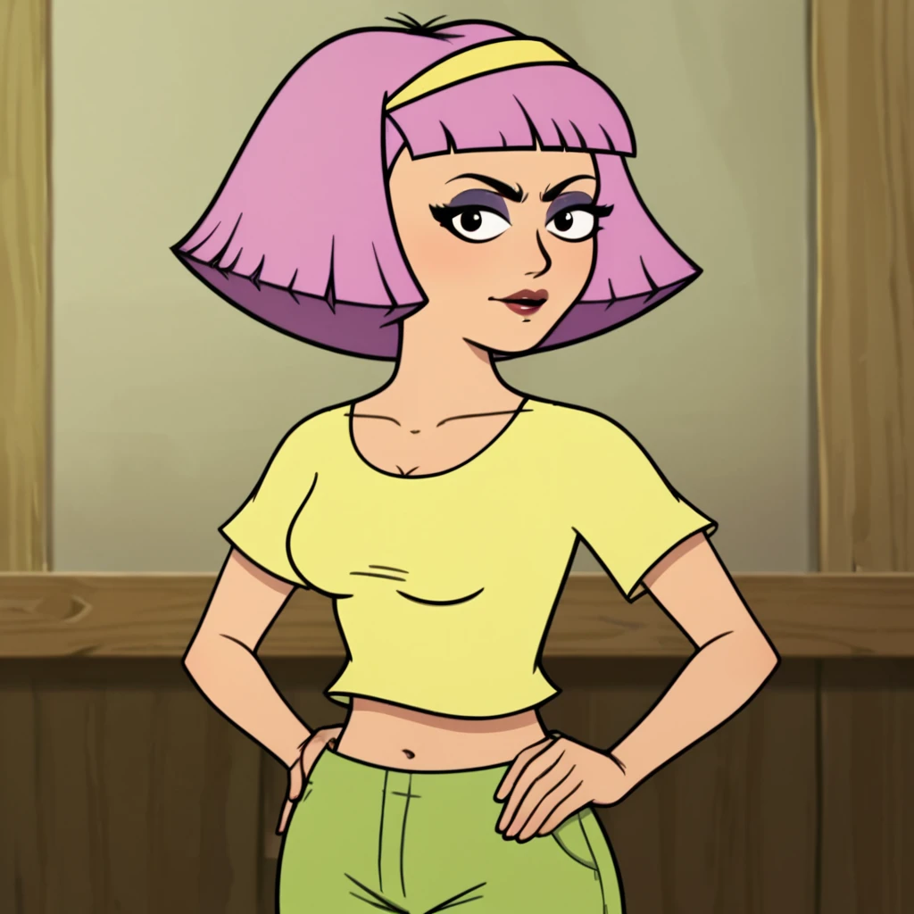 score_9, score_8_up, score_7_up, 1girl, purple hair, blunt bangs, yellow hairband, makeup, medium breasts, midriff, narrow waist, wide hips, hand on own hip, looking at viewer, highres, high quality, masterpiece, <lora:Jubilee_ATHF:1>