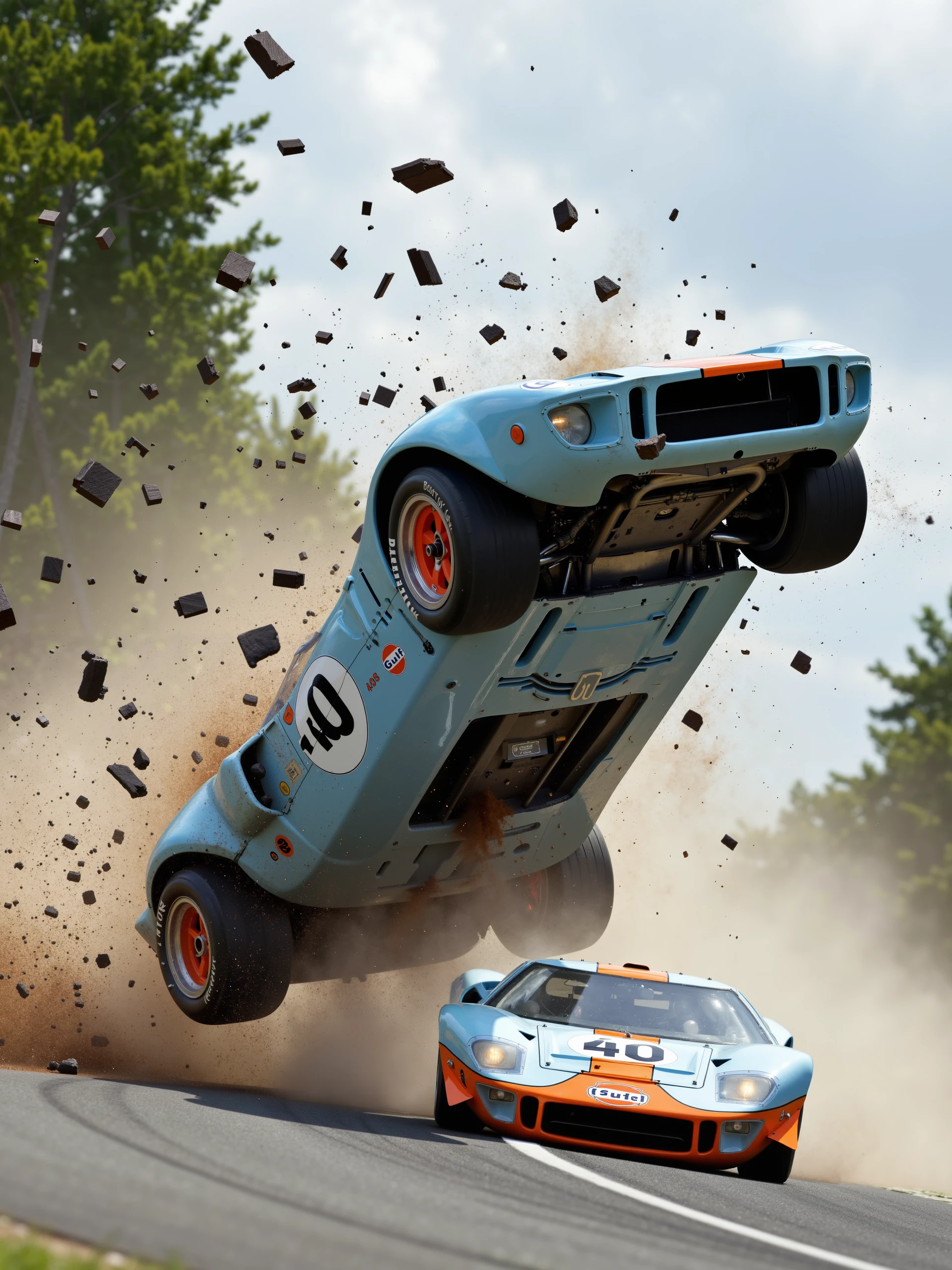 In this intense, action-packed scene, the Ford GT40 is depicted mid-crash, flipping through the air in a spectacular explosion of debris and chaos, similar to the scene in the image. The car's iconic light blue and orange Gulf livery is instantly recognizable, though now marred with scratches, dirt, and damage from the violent wreck.

The GT40's aerodynamic body is twisted and contorted as it somersaults above the race track. The orange wheels have been torn loose, flying in different directions, while pieces of the bodywork — including the front hood, doors, and side panels — are scattered across the track. The once-pristine Gulf logo on the front and side is partially shredded, with large chunks of the car’s exterior peeling away as it tumbles through the air.

Smoke and sparks fly from the engine bay, which is exposed as the car flips, revealing the intricate machinery underneath. The number 40 on the side is still visible but is scratched and torn as the GT40 disintegrates mid-flip. The track itself is filled with chaos — other cars can be seen in the background, one swerving to avoid the wreckage while another speeds ahead, its taillights glowing as it moves away from the crash.

The surrounding scenery is a blur of green from the trees and grass lining the track, while dark clouds and dust fill the air, enhancing the sense of speed and destruction. Shards of metal, rubber, and carbon fiber scatter in every direction, adding a dynamic sense of motion and violence to the scene.

The composition captures a breathtaking moment of high-speed disaster, the GT40 still fighting to hold its iconic form even as it’s torn apart. The viewer can feel the energy and power behind the crash, a blend of adrenaline, tension, and the raw unpredictability of motorsport.