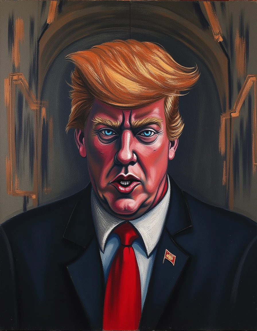 In a striking and emotionally charged portrait of Donald Trump, painted by the renowned artist Francis Bacon, the canvas pulses with raw intensity and deep psychological exploration. Bacon's distinctive style is characterized by bold, swirling brushstrokes that create a visceral sense of movement and turmoil. The colors are rich and saturated, with a palette dominated by swirling reds, deep blacks, and stark whites, evoking both chaos and power. 

Trump's figure, with his trademark hairstyle rendered in chaotic strokes that seem to almost vibrate with energy, is positioned at an unsettling angle, creating a sense of disorientation. His facial features, exaggerated and distorted, are steeped in an expression of both defiance and vulnerability, with piercing blue eyes that seem to stare directly into the viewer's soul. 

The backdrop is abstract yet haunting, filled with fragmented shapes and shadows that hint at a tumultuous landscape, suggesting both the turbulent nature of his public persona and the complexities of identity. The overall mood of the portrait is one of stark confrontation, drawing the viewer into a world of anxiety and disturbance, perfectly capturing Bacon's ability to meld horror with beauty and provoke thought through his evocative, intense imagery. 

The painting feels alive, almost as if the colors and textures are shifting, mirroring the unpredictable nature of the subject himself, inviting viewers to grapple with their own perceptions of power, identity, and the human condition.