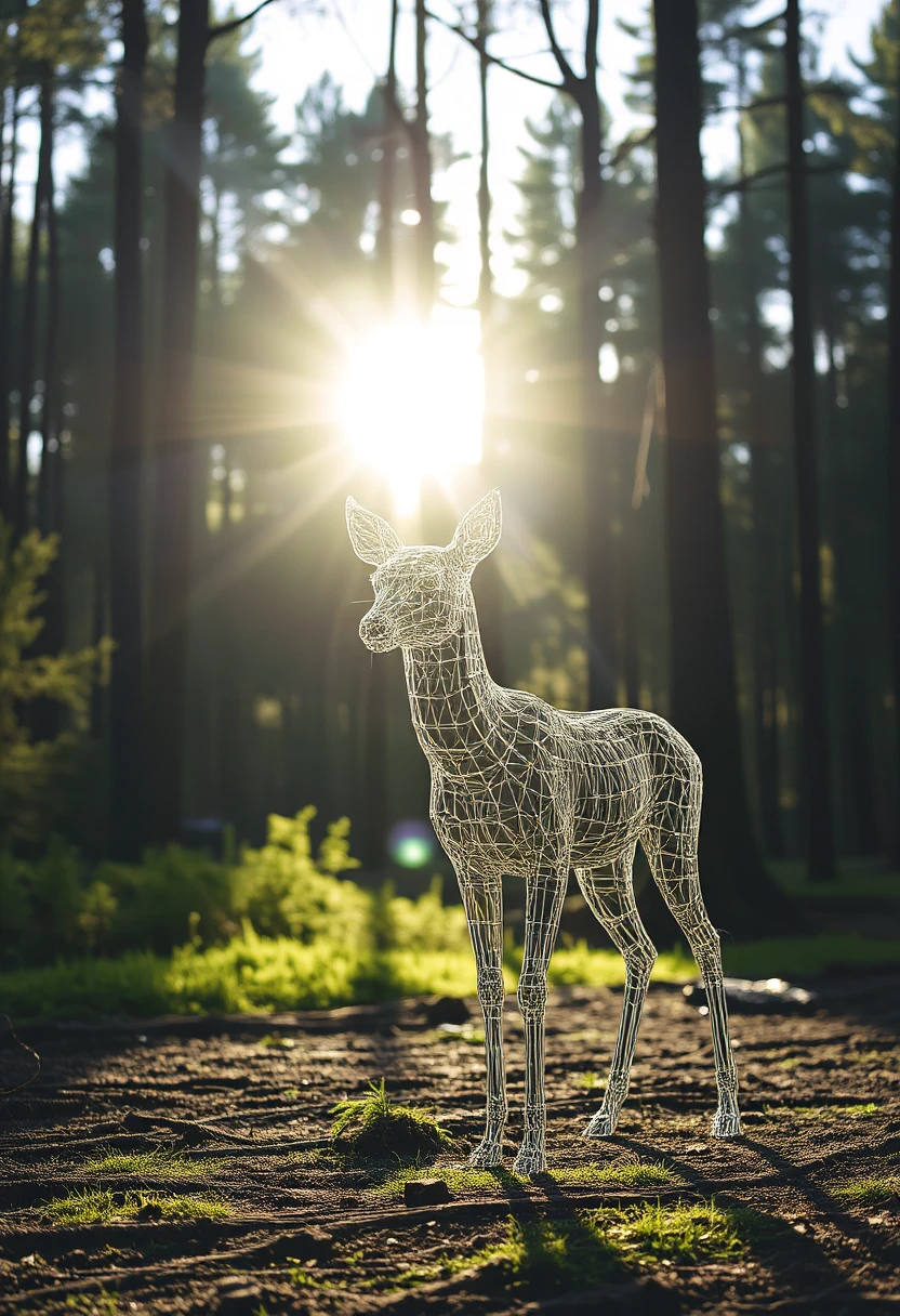 Wireframe model of a deer standing in a forest clearing with sunlight breaking through the trees