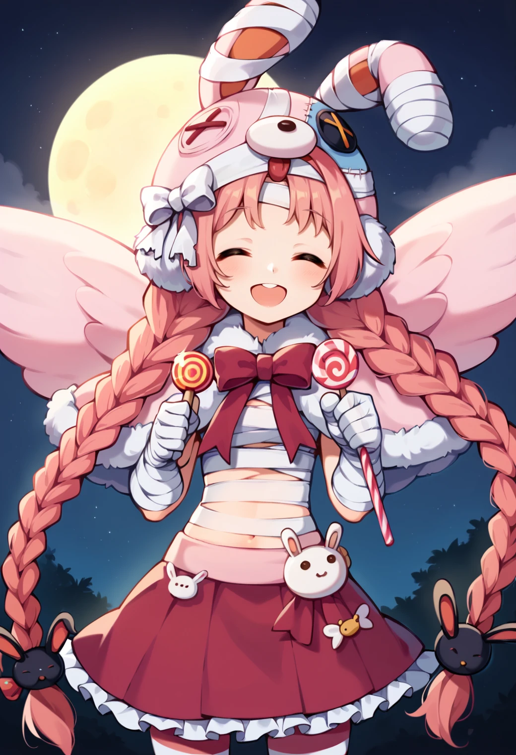 score_9, score_7_up, hd, (ultra hd quality details), source_anime, outdoors, night, moon,
solo, 1girl, pcrmimi, very long hair, twin braids,
mimihal, bandages, animal hat, rabbit hair ornament, pink capelet, fur-trimmed capelet, bandaged hand, red skirt, frilled skirt, striped thighhighs, wings,
smile, open mouth, closed eyes, 
holding, holding candy, candy,
<lora:_mimipcr-elesico-pony:1>