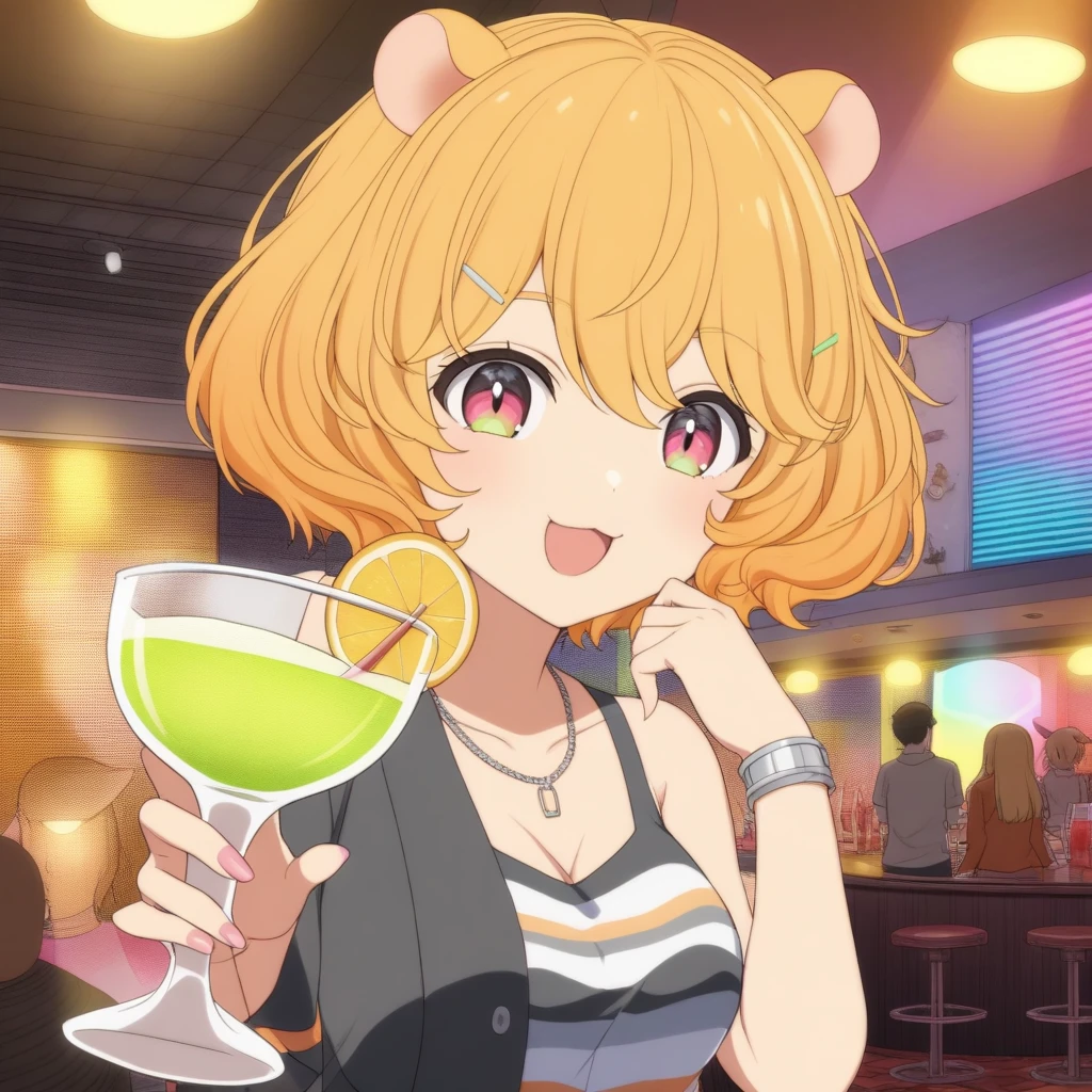 eimi, small hamster ears, short orange curly hair, faded fushia gradient eyes, virtual youtuber, anime drawing, hair ornaments, 
night club, flashy lights, club, holding a margarita, 
<lora:EIMI-XLv2-t1-000002:0.6>