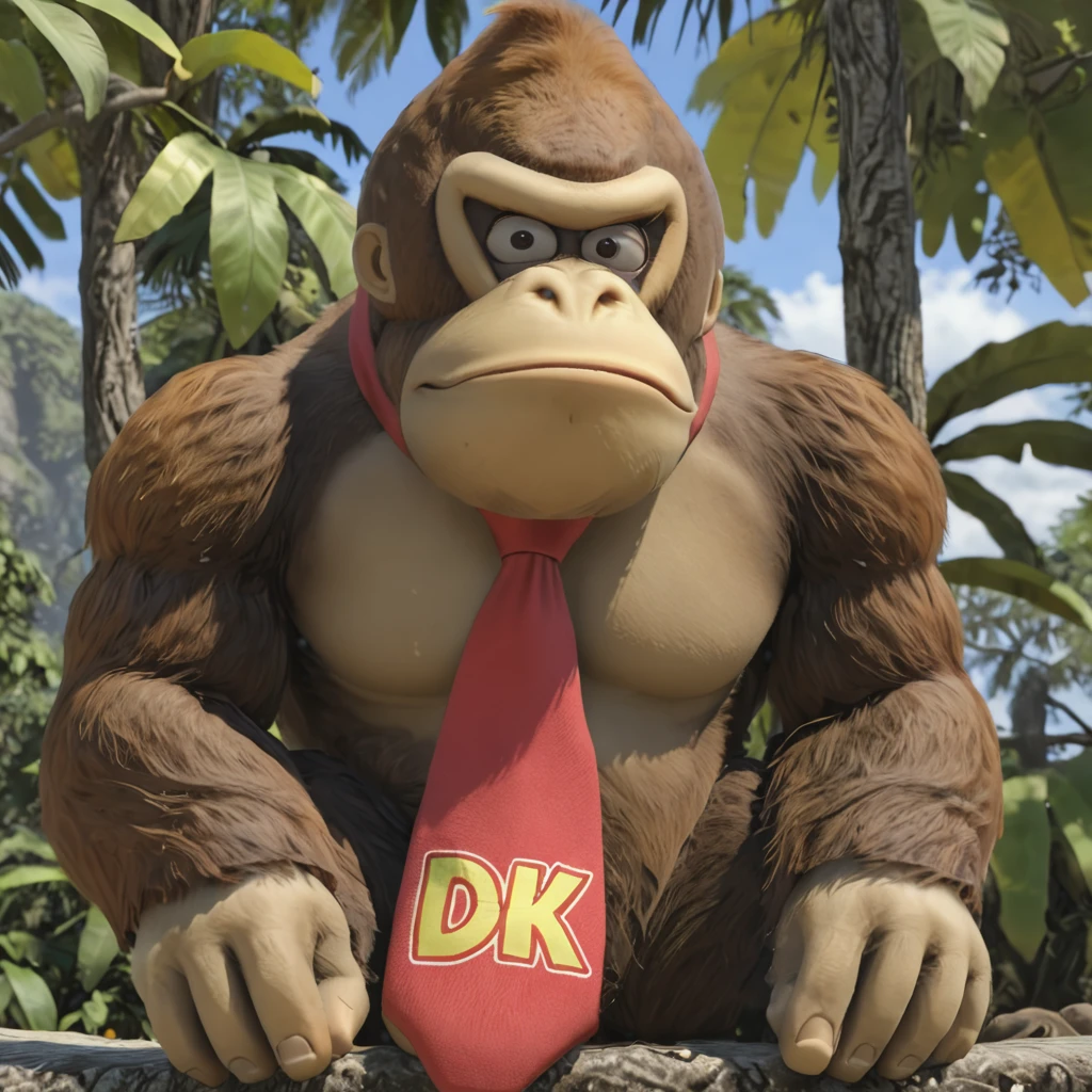 "DK" necktie red, gorilla sitting, DonkeyKongXL, <lora:DonkeyKongXL:1>, realistic fur, white eyes, barefoot, jungle, white eyes, (masterpiece, intricate:1.3)
