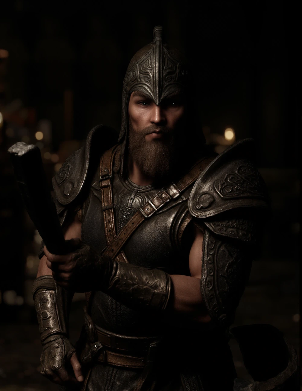 <lora:Skyrim_Flux:1>,Professional studio portrait of a Nord warrior in full iron armor, gripping a battle axe, with harsh lighting casting deep shadows on their determined face, in a high-end gaming magazine, gritty and powerful.