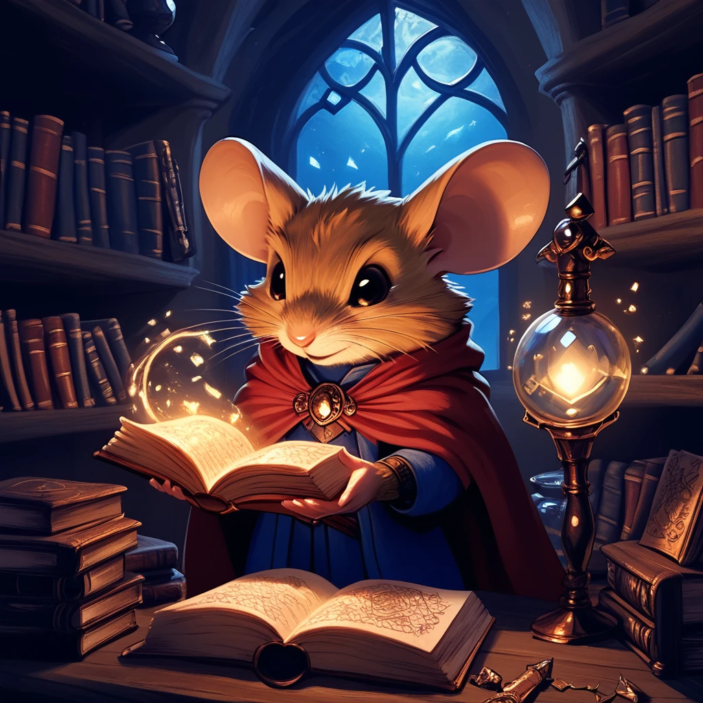 core_9, score_8_up, score_7_up,  <lora:MazesMicePony:0.8>  MazesAndMice, The image is an illustration of a mouse sitting at a desk in a library. The mouse is wearing a blue robe and has a red cape draped over its shoulders. It is holding a crystal ball in its paws and appears to be reading a book. The book is open and there are various objects scattered around the desk including a lamp a vase and a stack of books. The background is filled with bookshelves and there is a window with a view of the night sky. The overall mood of the image is magical and whimsical., mouse, book, sword, weapon, mouse ears, cape, bookshelf, fantasy, furry, magic