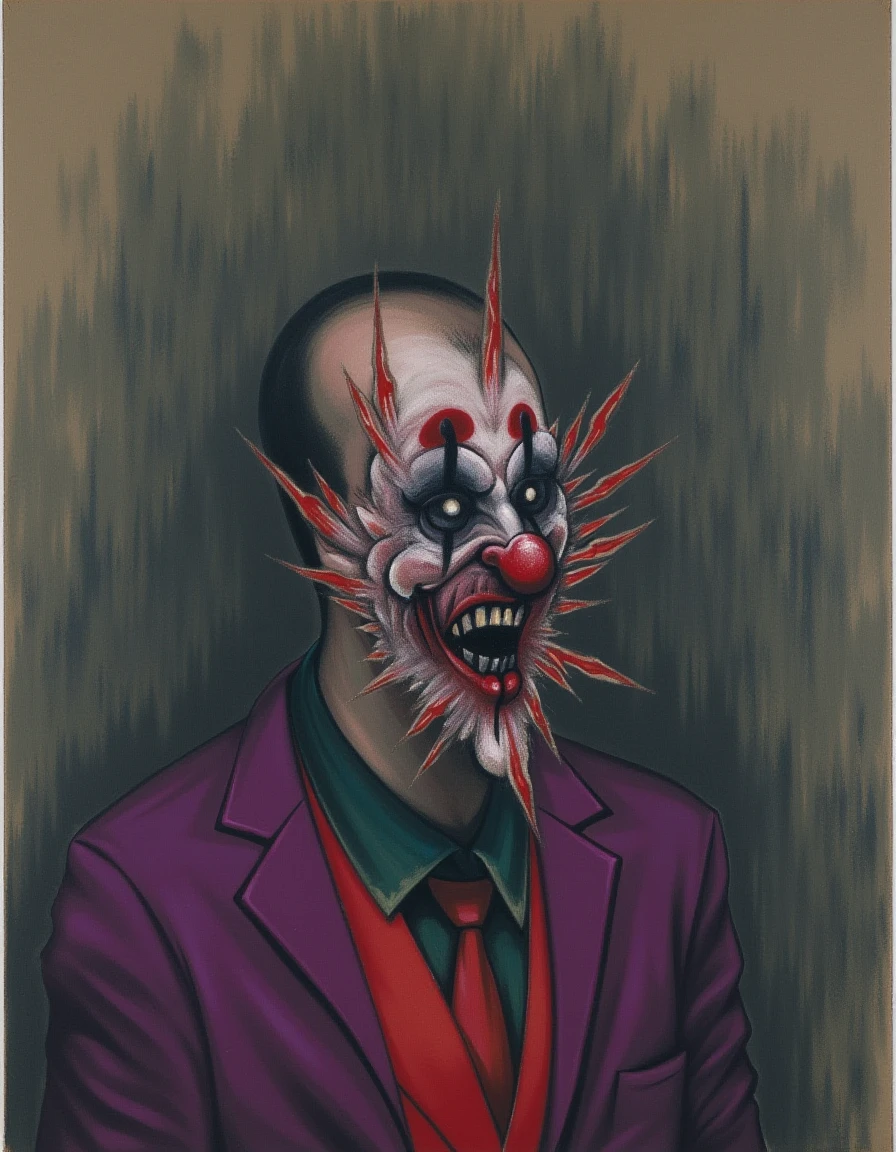 In a haunting painting that evokes the unsettling essence of Francis Bacon, The Joker is portrayed with exaggerated, twisted features that convey a profound sense of anguish and madness. His face, an explosion of vibrant reds and deep blacks, is rendered in a grotesque manner, with sharp, jagged lines that enhance his manic grin and hollow, piercing eyes, which seem to stare out with an eerie intensity, capturing a moment of existential despair. 

The Joker’s contorted body is shown in a chaotic posture, as if caught in a frozen moment of wild laughter that masks the deep-seated torment within. His costume, an unsettling mix of brilliant purples and acidic greens, is painted with thick, vigorous brushstrokes that pulsate with raw energy, further emphasizing the character’s volatility. 

Surrounding him is an abstract and muddled background, a swirling vortex of muted grays and browns that mimics a chaotic, decaying environment. This backdrop isolates The Joker, heightening the sense of his profound loneliness and psychological turmoil. 

Every brushstroke seems to vibrate with urgency, as if the painting itself is alive, capturing the brutality of The Joker’s emotional landscape. The air is heavy with a palpable tension that grips the viewer, drawing them into the dark corners of his mind, where themes of death, decay, and the fragility of existence pulse ominously. The entire composition, charged with visceral intensity, compels one to confront the unsettling duality of laughter and despair, leaving a haunting impression that lingers long after the gaze drifts away.