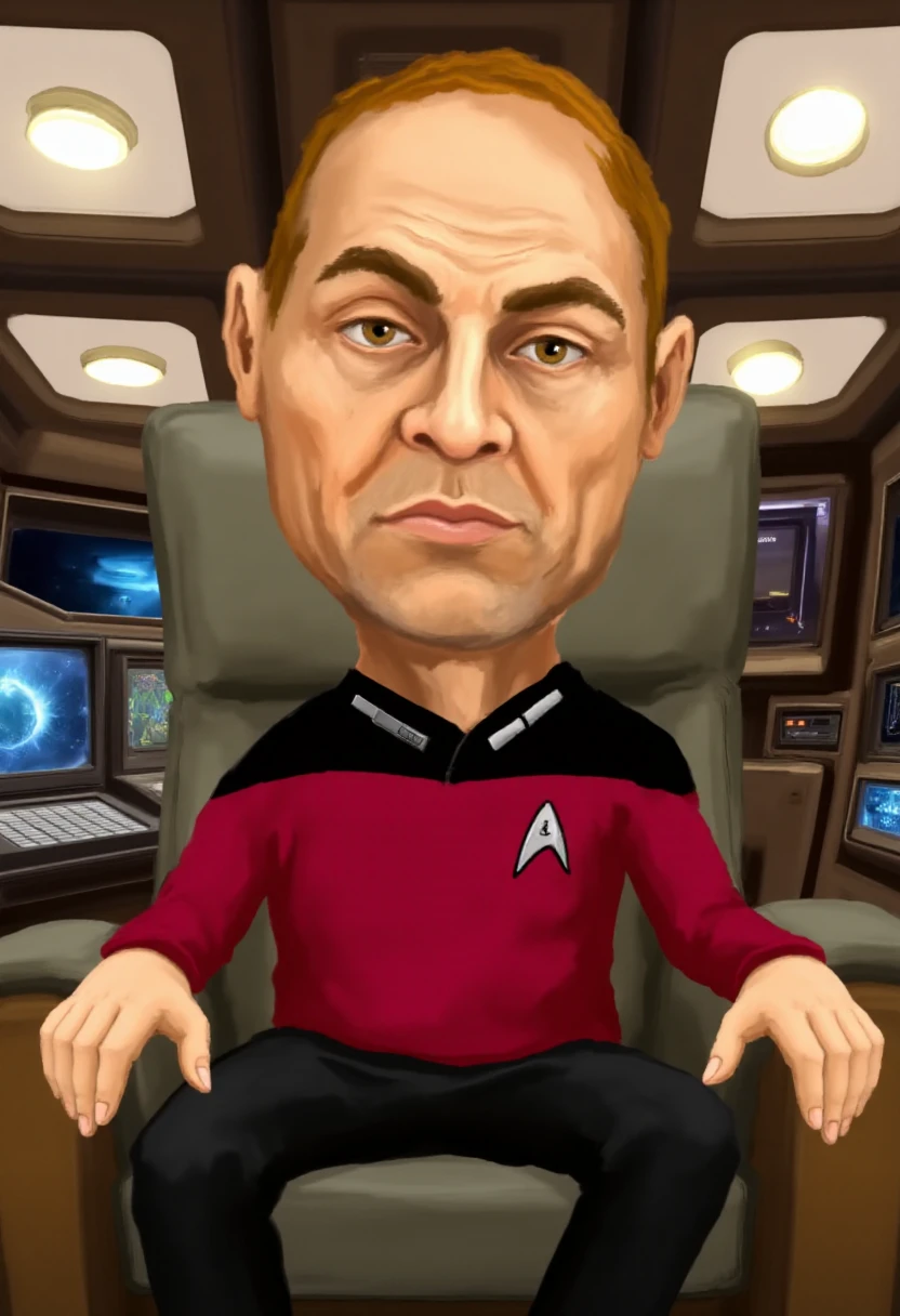 The image is a digital artwork depicting a surrealistic, exaggerated photograph of a Captain Jean Luc Picard. He is portrayed in a highly stylized, cartoonish manner with exaggerated features and proportions. He is sitting on his captain chair on the Enterprise. He has a stern, serious expression on his face, with a determined look in his eyes.
 <lora:Not_So_Fast_Style_F1D:0.8>