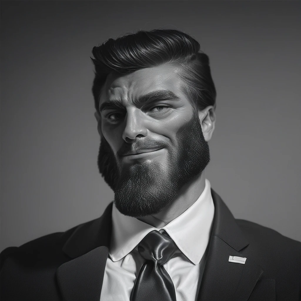 score_9, score_8_up, score_7_up, score_6_up, gigatrump, trumpchad, photorealistic, (realistic:1.4), realism, semi-realism, solo, gigachad_x_trump, 1man, male focus, bust shot, suit, necktie, beard, muscular, monochrome, greyscale, simple background