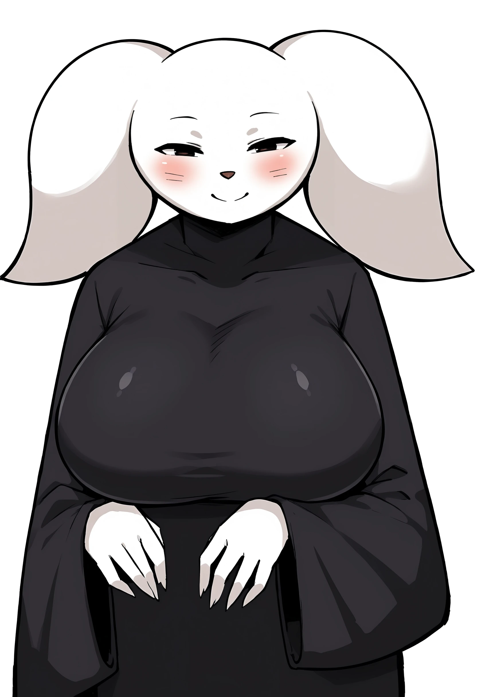 1girl, <lora:MioWeatherday:0.9> solo, furry, long sleeves, black robe, robe, wide sleeves, twintails, smile, blush, huge breasts,
simple background, white background,