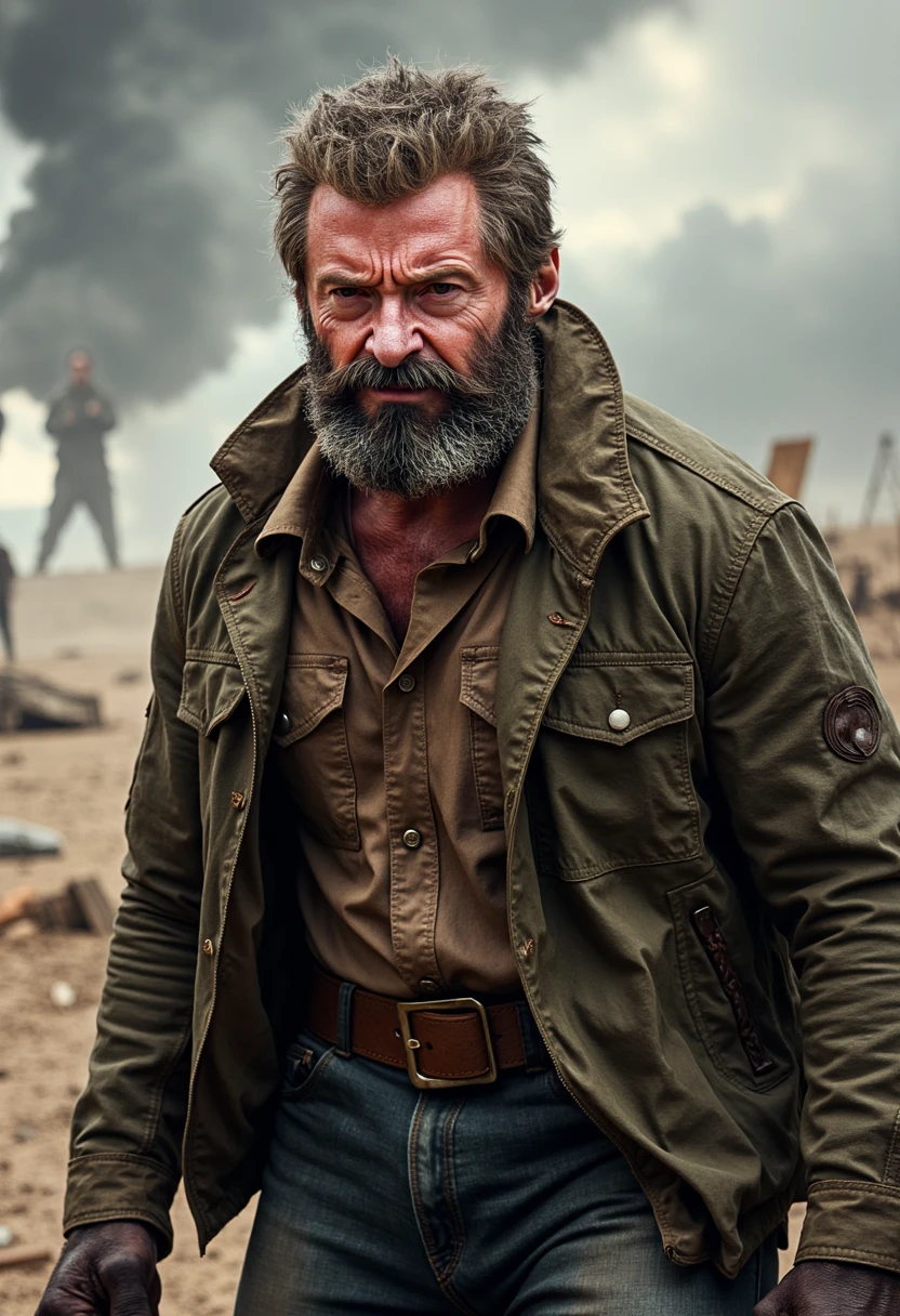 LGN, Create an illustration of Old Man Logan as depicted in the movies, emphasizing his gritty and resilient character in a realistic, cinematic style. Capture his weathered appearance with a focus on his rugged face and worn attire, inspired by Hugh Jackman's portrayal. Set him against a barren, post-apocalyptic backdrop, highlighting the remnants of a battle with scattered debris. Use moody, dramatic lighting to accentuate his aged features and the somber atmosphere, with a cloudy sky hinting at an incoming storm. Utilize a color palette of earthy tones—browns, greys, and muted greens—to emphasize the textures of his clothing. Keep the focus sharply on Logan's expression, with the background slightly blurred to underscore his solitary toughness. Avoid including other characters or signs of civilization to maintain the focus on his lone journey.