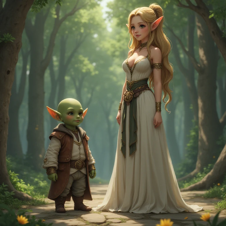 a small green-skinned bald ugly goblin  stands next to a beautiful tall elf princess, in the style of anime hentai, <lora:alexandria-000001:0.7>