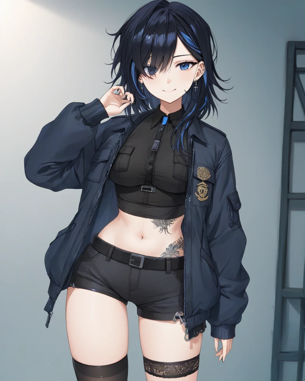 yuu, bangs, closed mouth, cross earrings, ear piercing, earrings, hair covering one eye, jewelry, messy black hair, piercing, solo, blue streaked hair, hair over shoulder, two-tone hair, breasts, best quality, anime drawing, virtual youtuber, 
basic background, smile, looking at viewer, circle monocle, full body, thighhighs, midriff, jacket, (tattoo on stomach), 
 <lora:YUU-XL-t6-000001:0.6>