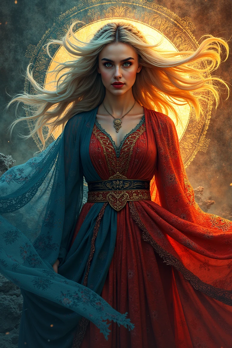 An ethereal woman with pale skin, platinum blonde hair, and piercing blue eyes stands before a glowing, ornate golden halo. She wears a flowing medieval-style red and teal gown with gold embroidery and a heart-shaped belt. The background is smoky and mystical, with swirling mist and embers, giving her a regal, otherworldly presence.