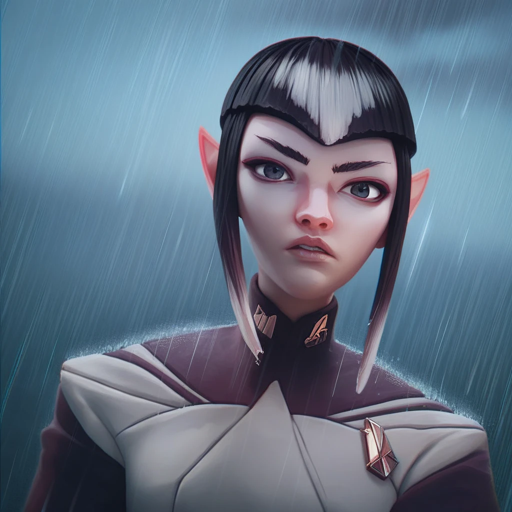 (score_9, score_8_up, score_7_up, score_6_up), maj'el, vulcan, 1girl, solo, pointy ears, black hair, looking at viewer, multicolored hair, white hair, sidelocks, portrait, rain, bangs, grey eyes, parted lips, lips, black eyes, makeup, blunt bangs, starry sky