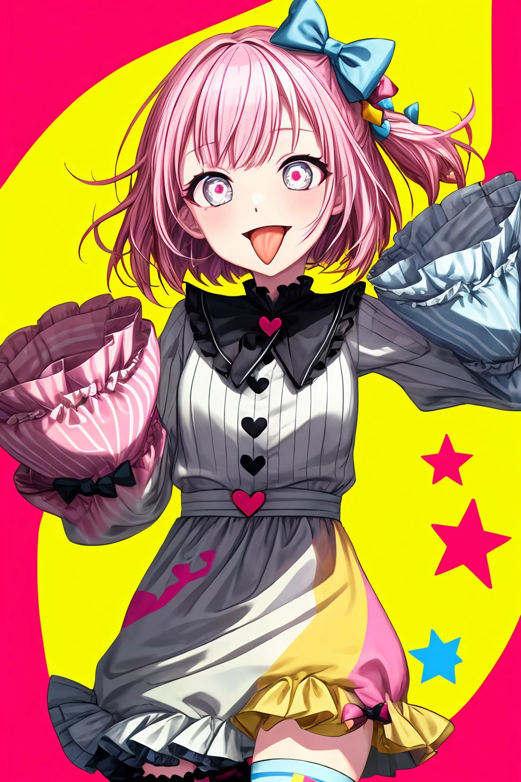 (masterpiece), best quality, expressive eyes, perfect face, emuwdh, looking at viewer, smile, open mouth, long sleeves, dress, bow, hair bow, heart, frills, tongue, tongue out, star (symbol), sleeves past wrists, stuffed toy, stuffed animal, frilled sleeves, asymmetrical legwear, mismatched legwear, <lora:462c30eb-f2ba-48be-a322-b06ee7b4a843:0.7>, <lora:more_details:0.7>