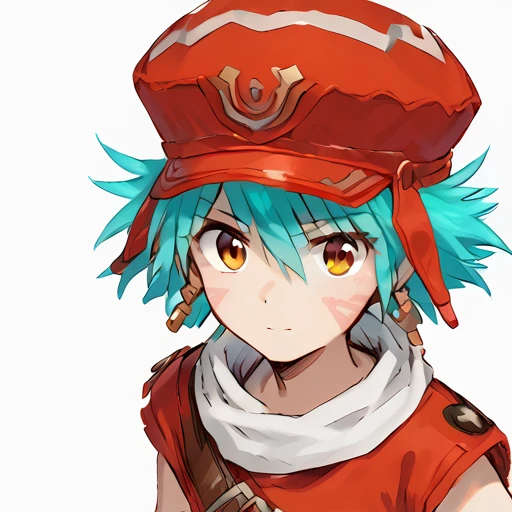 <lora:.hack_kite:1> turquoise hair, red outfit, hat